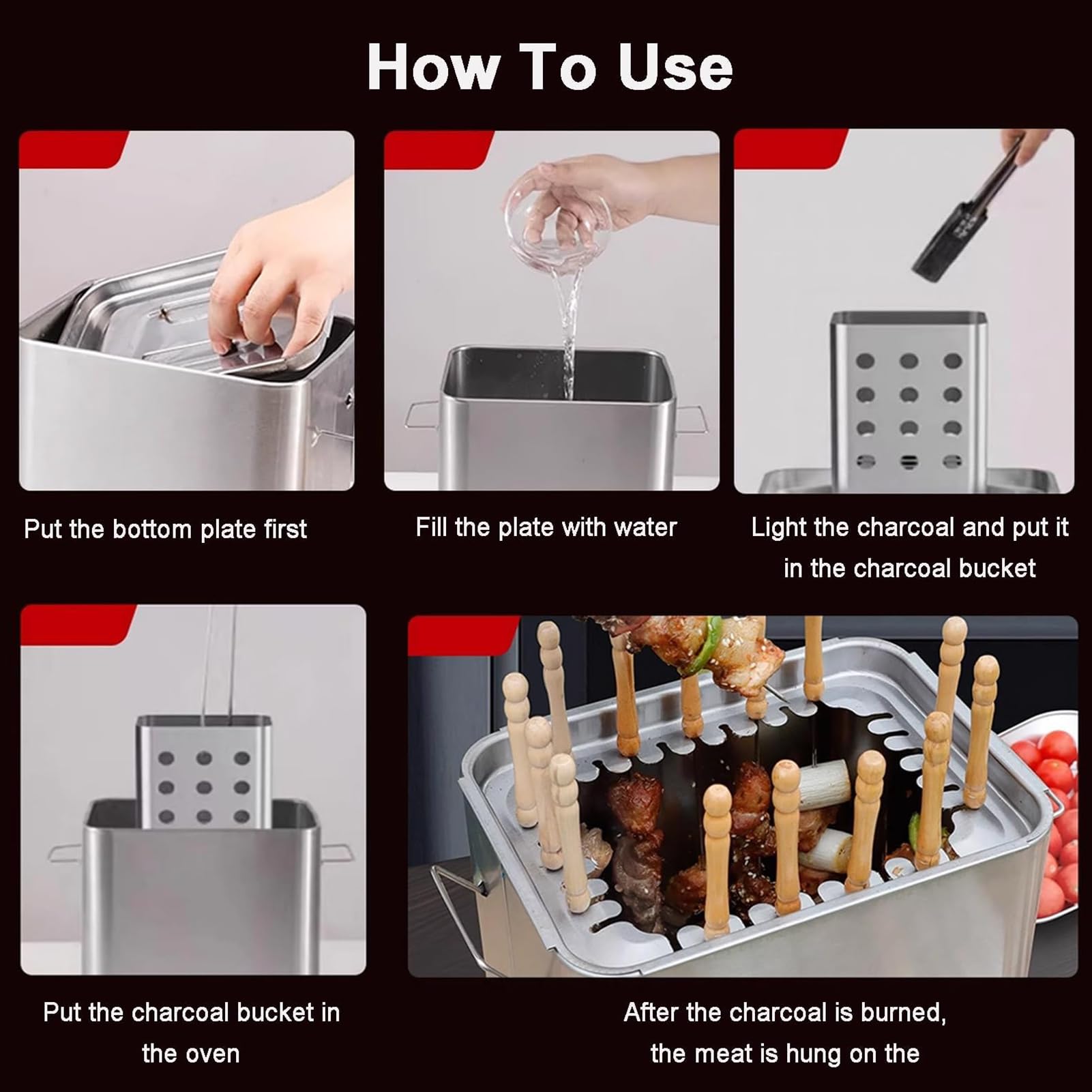 Pionowy Grill Węglowy Typu Smoker, Przenośny Bezdymny Grill BBQ z 26 Szaszłykami i Rusztem, Równomierne Ogrzewanie 360°, Grill Wiszący ze Stali Nierdzewnej do Kempingu Ogrodu i Przyjęć (Bezwęglowy)