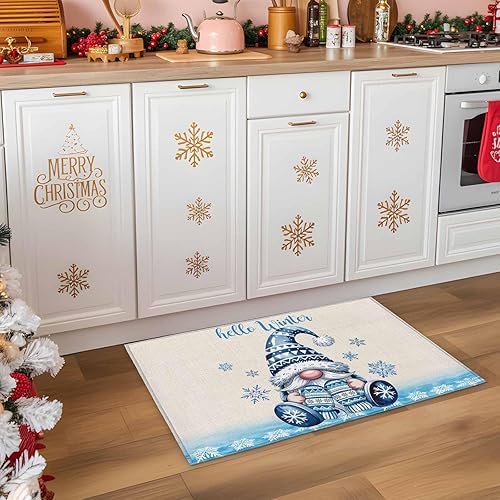 Miniatura 3 de Hello Winter - Tapete para puerta delantera, 18 x 30 pulgadas, tapete absorbente de gnomos de Navidad, copo de nieve azul, tapete lavable para baño,