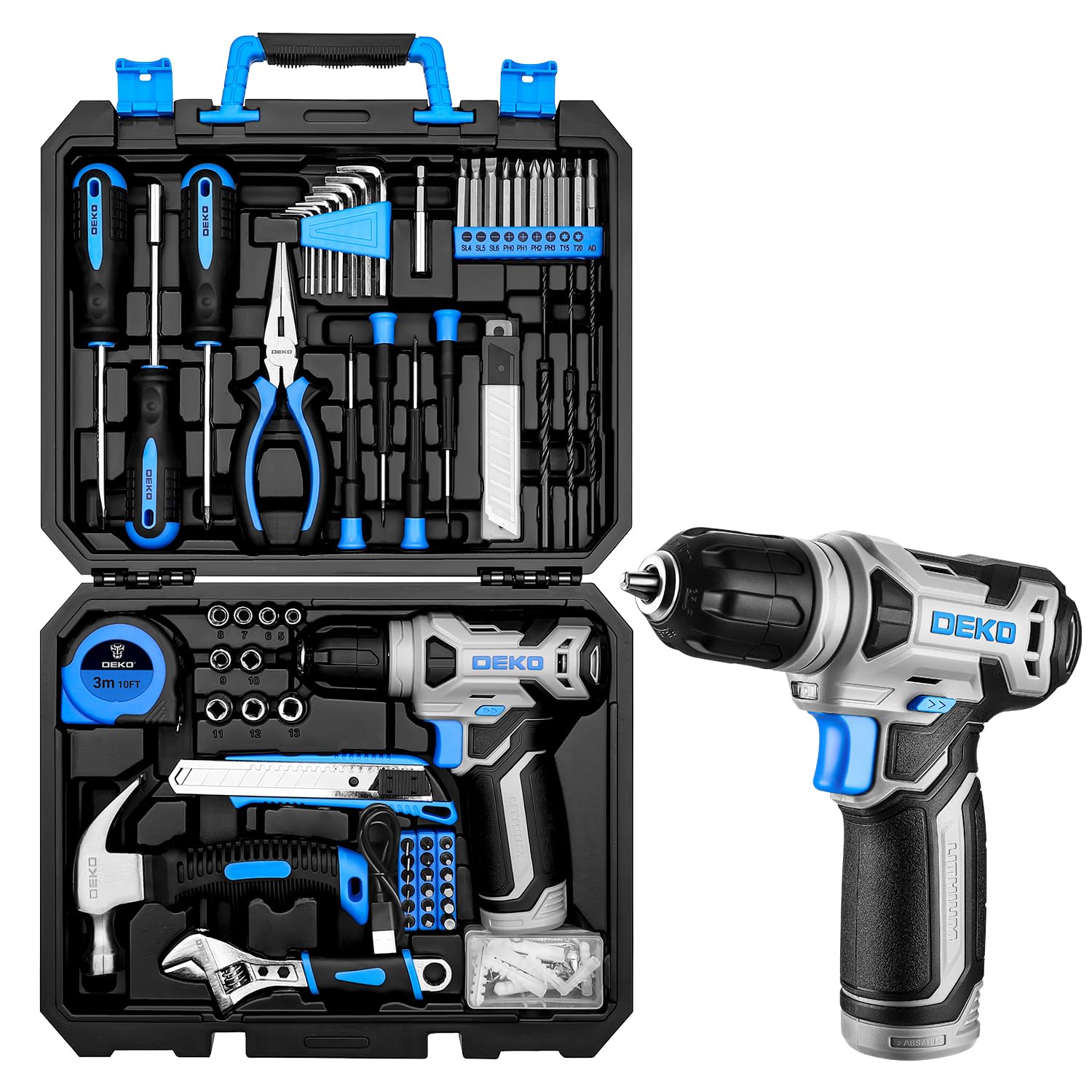 Malette outils complete DEKO 126 pieces et sa perceuse visseuse 8V contre les pannes