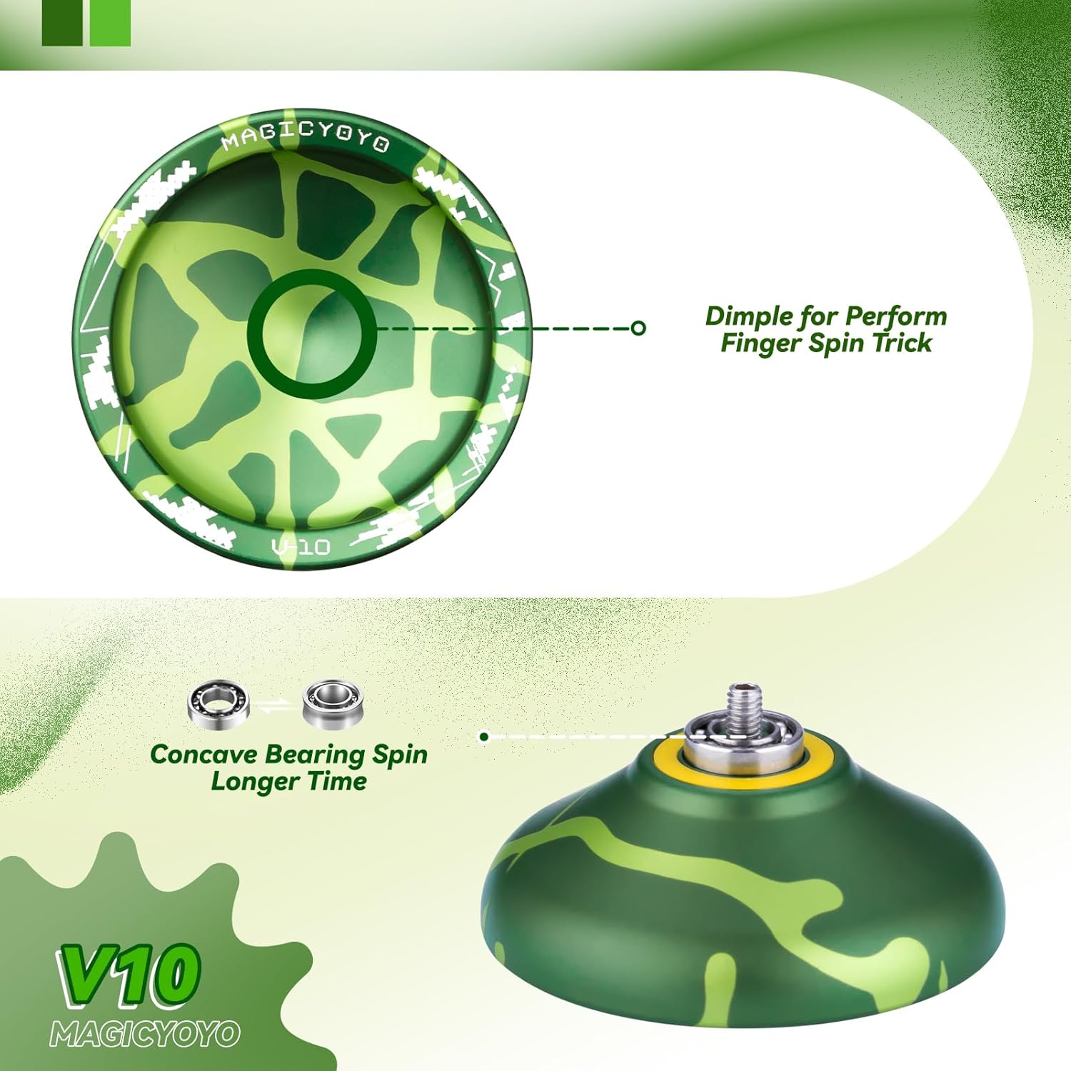 MAGICYOYO V10 Finger Spin Yoyo Professional Metal Trick Yoyo Responsive & Unresponsive Dual Purpose Yo Yo with Storage Case + Yo Yo Glove +12 Strings(Dark & Light Green)