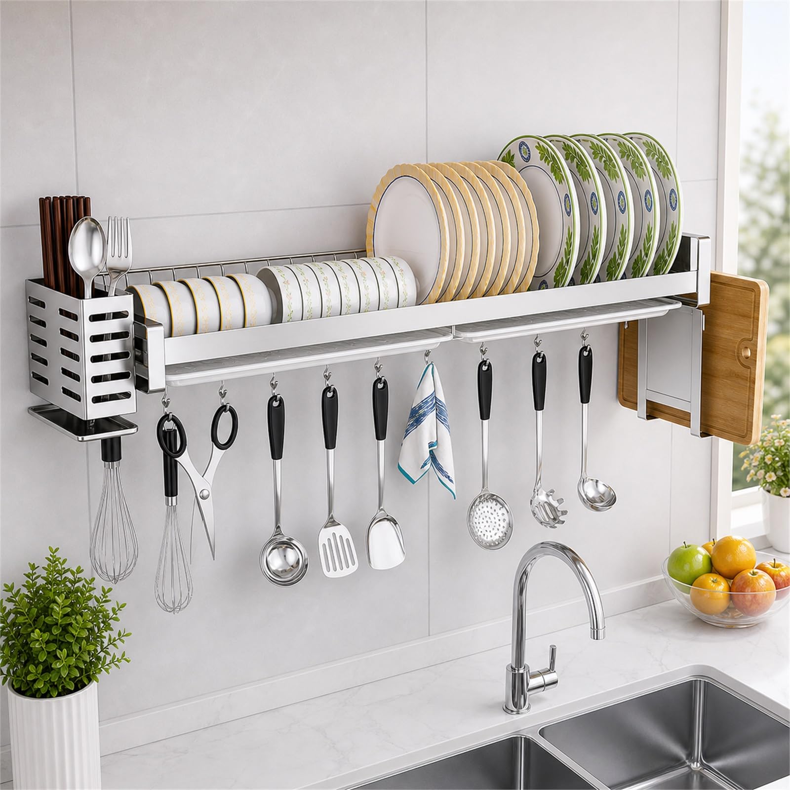 Wandmontiertes Geschirrregal, Küchenregal, platzsparender Teller-Nizer, Kipp-Design, hält Teller, Schüsseln, Tabletts und Tassen, ideal für kleine Menschen