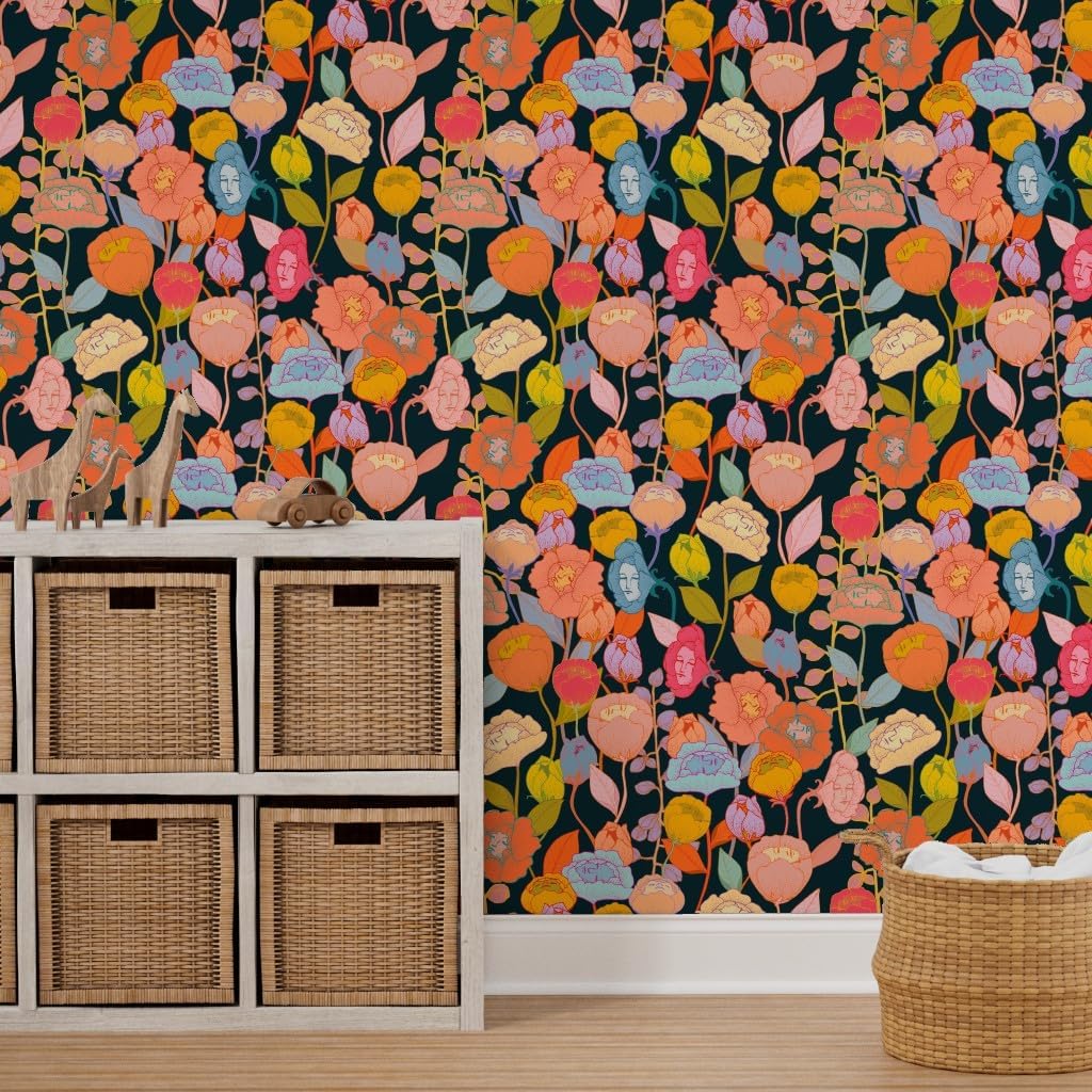 Removable Wallpaper 3ft x 2ft - Flowers Faces Fantasy Tropical Dream Hawaii Exotic Custom Pre-Pasted Wallpaper by Spoonflower