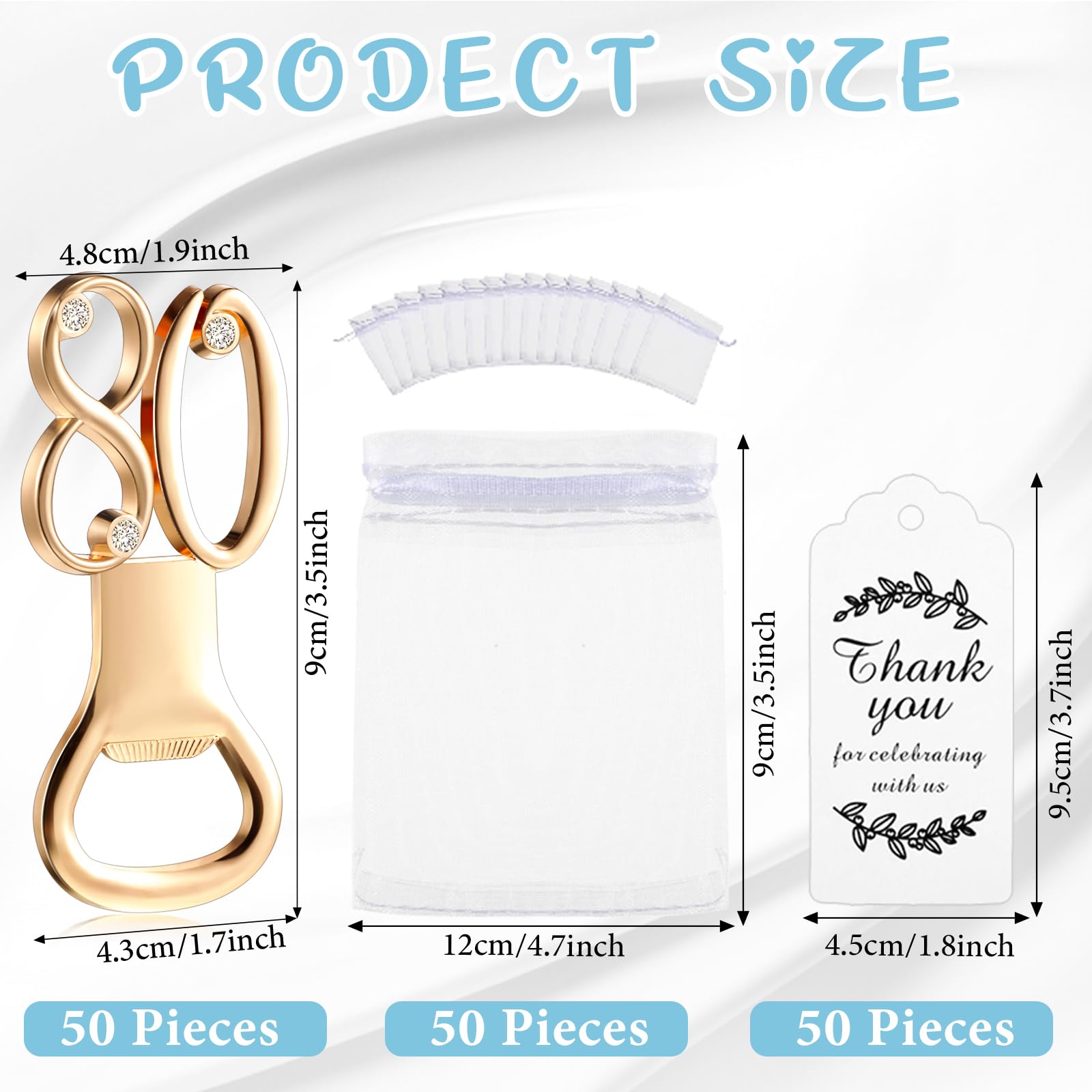 Set di 50 apribottiglie dorati, per feste di compleanno, con sacchetti in organza trasparente, etichette di ringraziamento, compleanni, matrimoni, anniversari, souvenir, bomboniere, decorazioni per