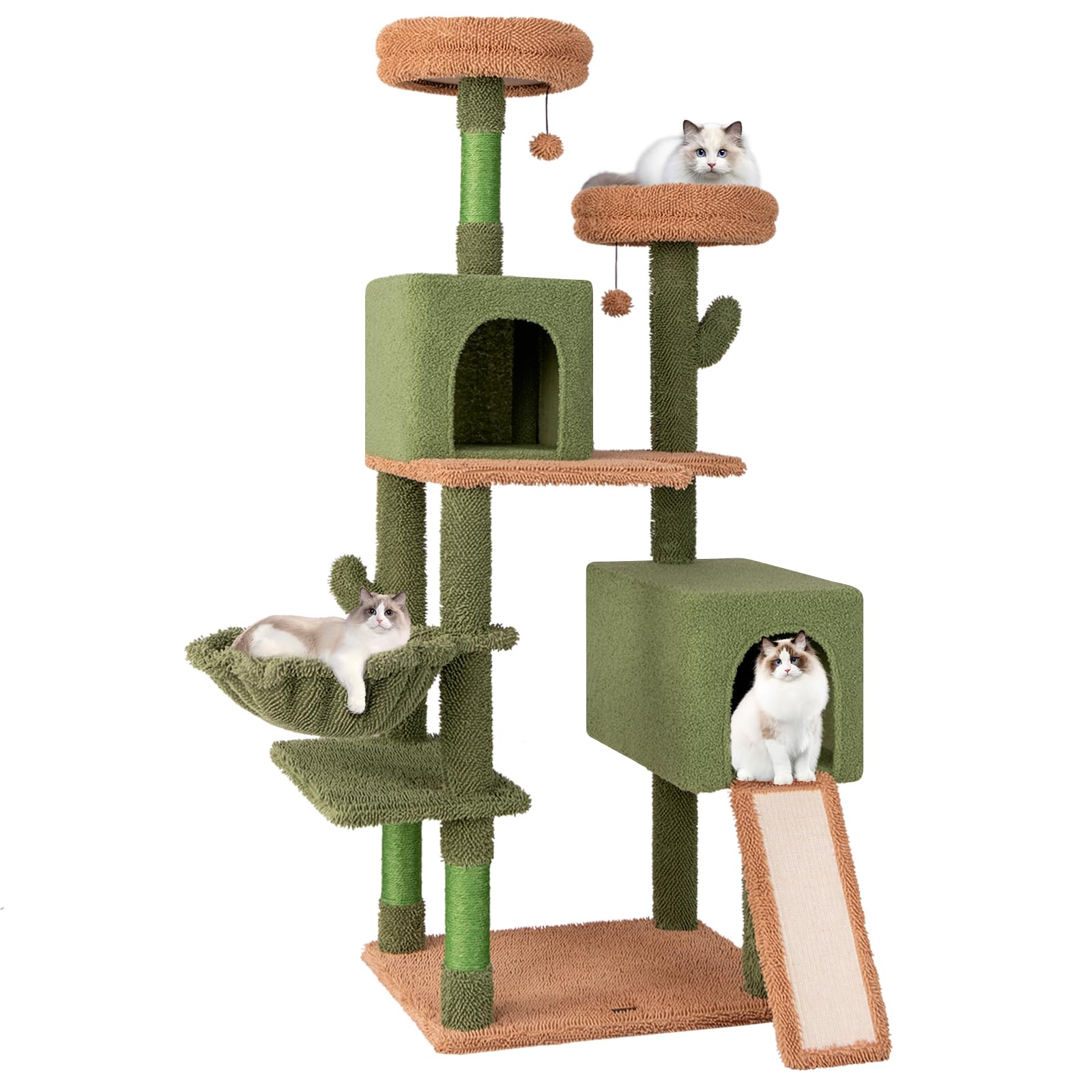 PETSITE 63 inch Cactus Cat Tree Tower, Multi-Level Cat Tower with Sisal Scratching Posts, Sisal Ladder, Hanging Balls, Cat Condos and Side Basket Bed, Cute Cat Tree for Indoor Cats