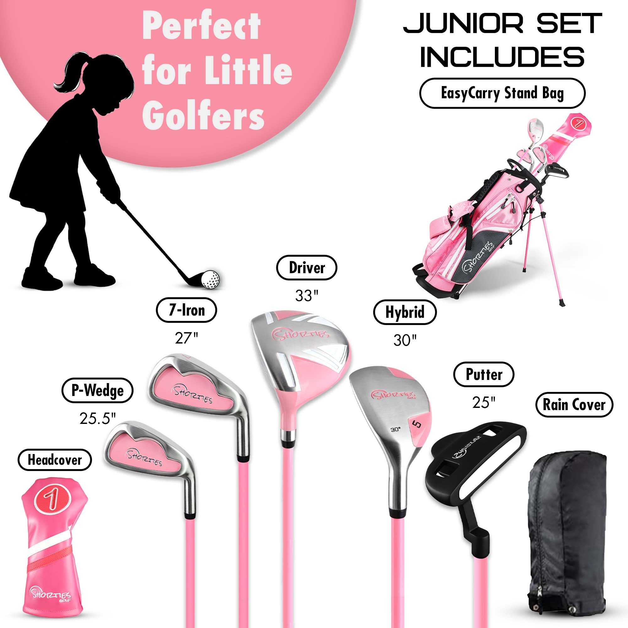 Shorties Golf - Juego de palos de golf para niños | Perfecto para golfistas y niños de 34 a 51 pulgadas de alto | Bolsa de soporte EasyCarry | Conductor, 7 hierros, putter, cubierta para la cabeza y