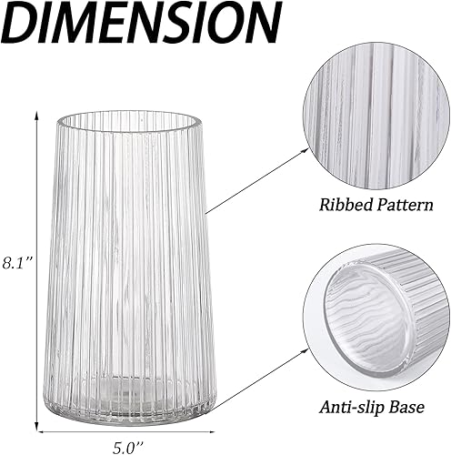 Miniatura 7 de Jarrón de vidrio transparente para flores, florero para ramo, jarrones de vidrio modernos, jarrones acanalados para sala de estar, dormitorio, mesa