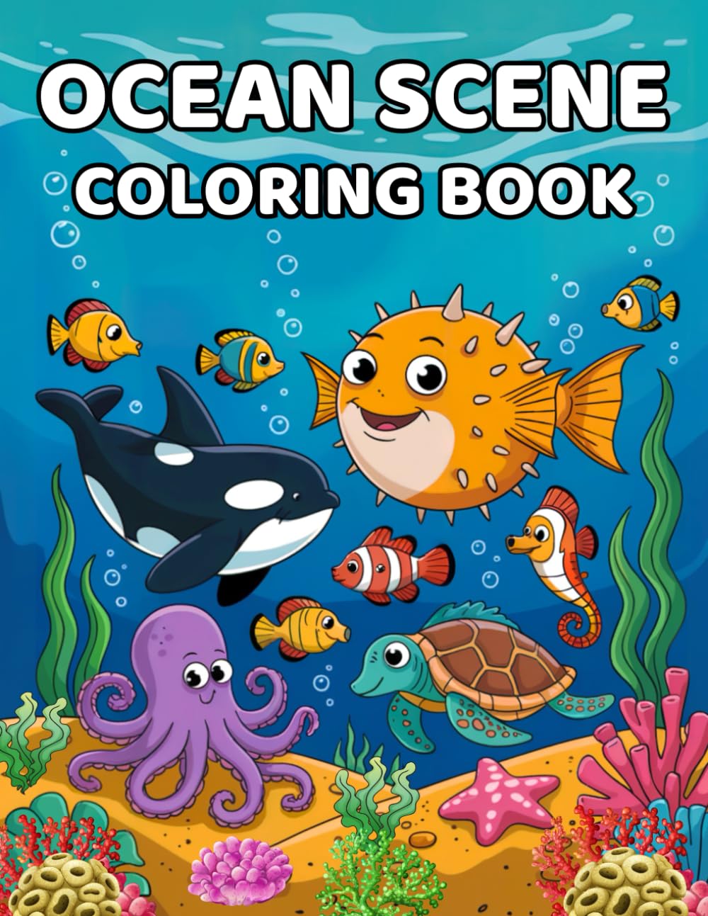 OCEAN SCENE COLORING BOOK: Amazing images of sea monsters, fishes and underwater relics for Adults and Kids to color for relaxation and stress relief