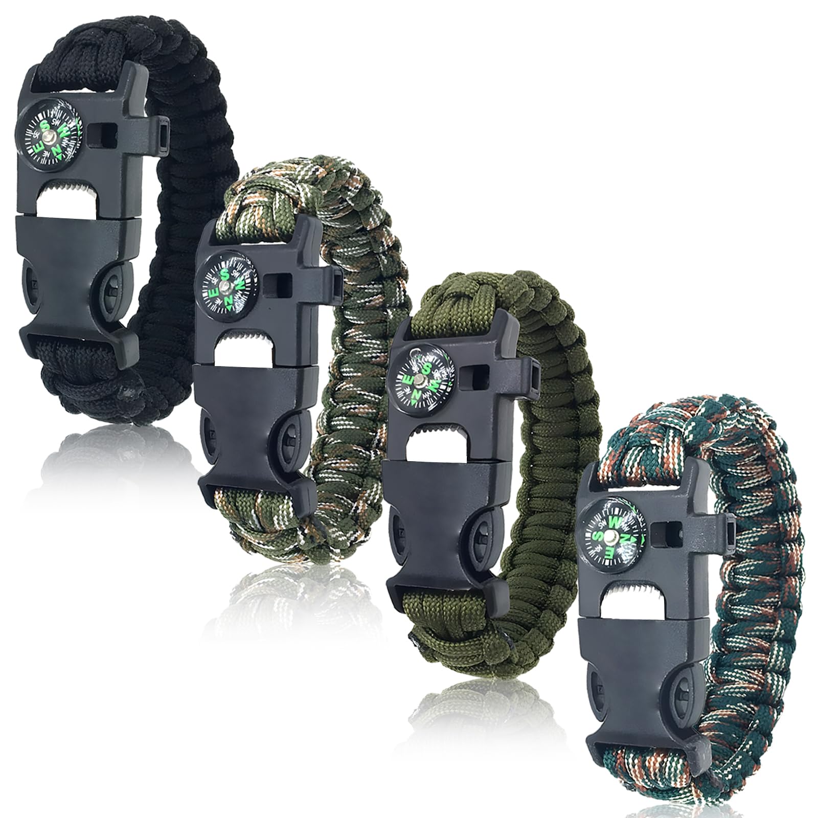 BOSOIRSOU Survival Bracelets 4-Pack | 5-in-1 Paracord Bracelet Set with Fire Starter, Compass & Whistle | Emergency Outdoor Gear for Camping, Hiking