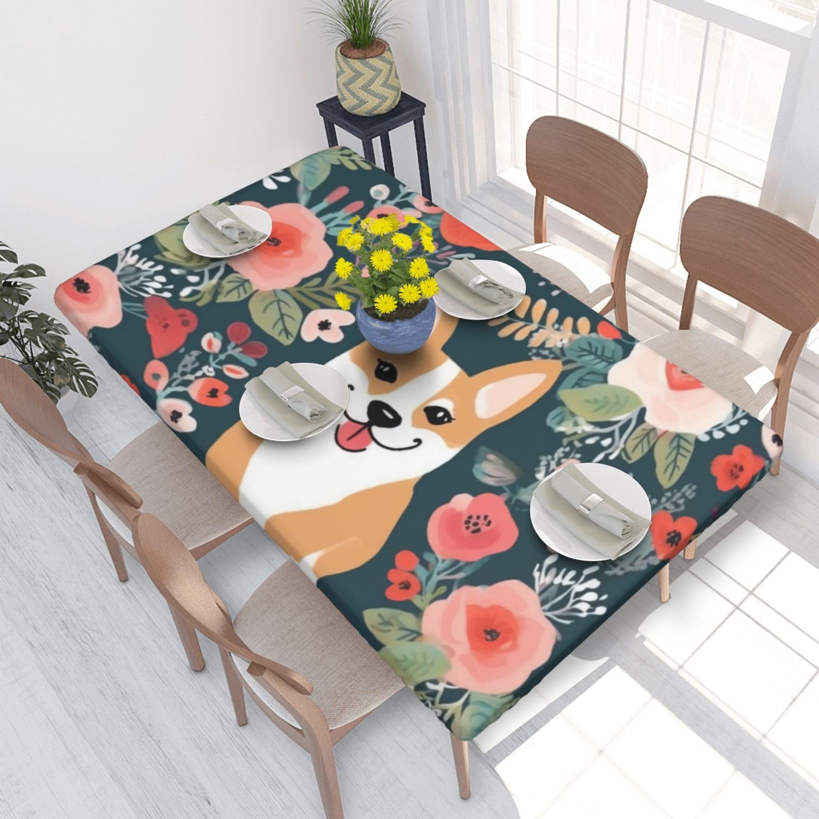 WPKJU Corgi Floral Flowers Printed Tablecloths 4ft Rectangular Table Covers Washable Polyester Decorative Table Cloth for Dining Table Picnic Wedding