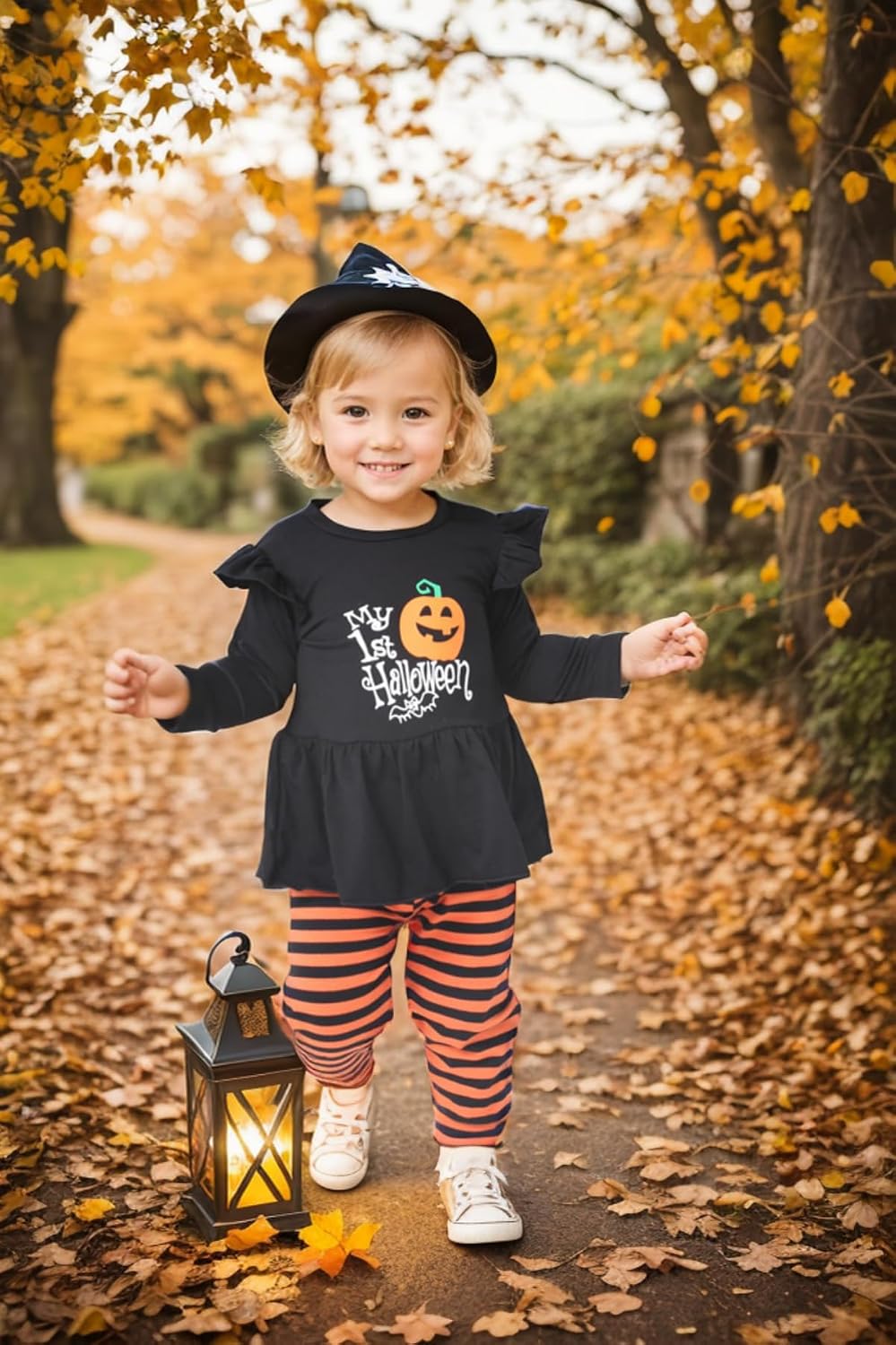 Noubeau My 1st Halloween Baby Girl Outfits Ruffle Pumpkin Print Tunic Drees Shirt Stripe Pants Legging Fall Winter Clothes