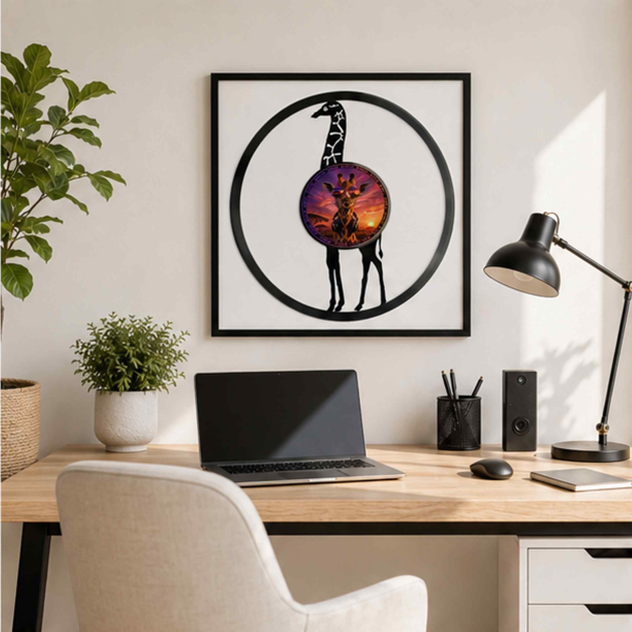 EVEVO Decorazione da parete in vinile, con cornice, 32 x 32 cm, giraffa, decorazione da parete in vinile, arte da parete Africa Savanna, regalo per gli amanti degli animali e gli appassionati della
