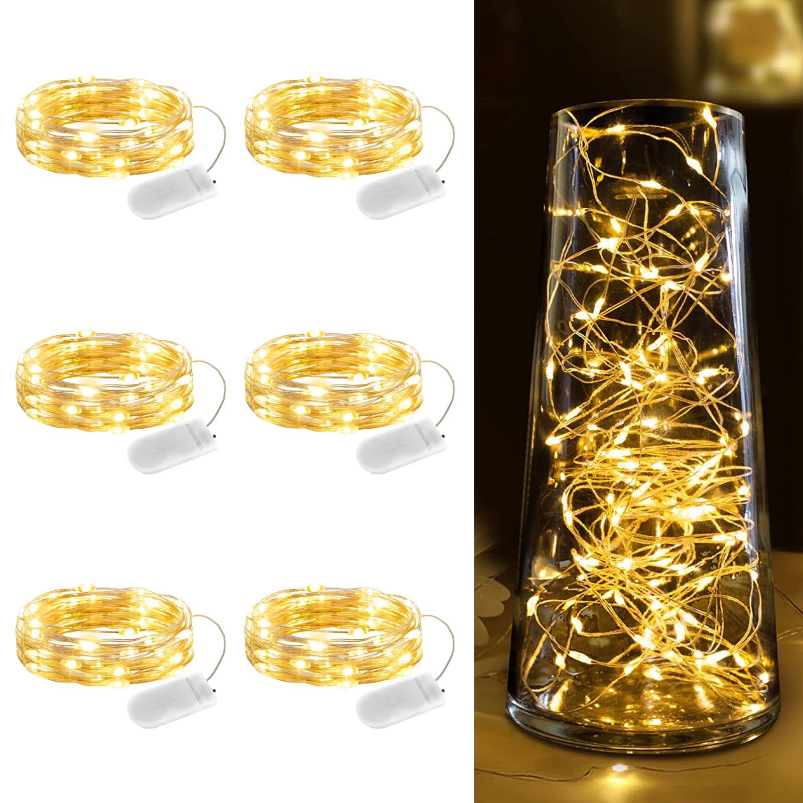 Minetom 6 Pack Fairy Lights Battery Operated String Lights - 7ft 20 LED Waterproof Silver Wire Firefly Lights Waterproof for DIY Crafts Wedding Décor Table Centerpieces Mason Jars Party