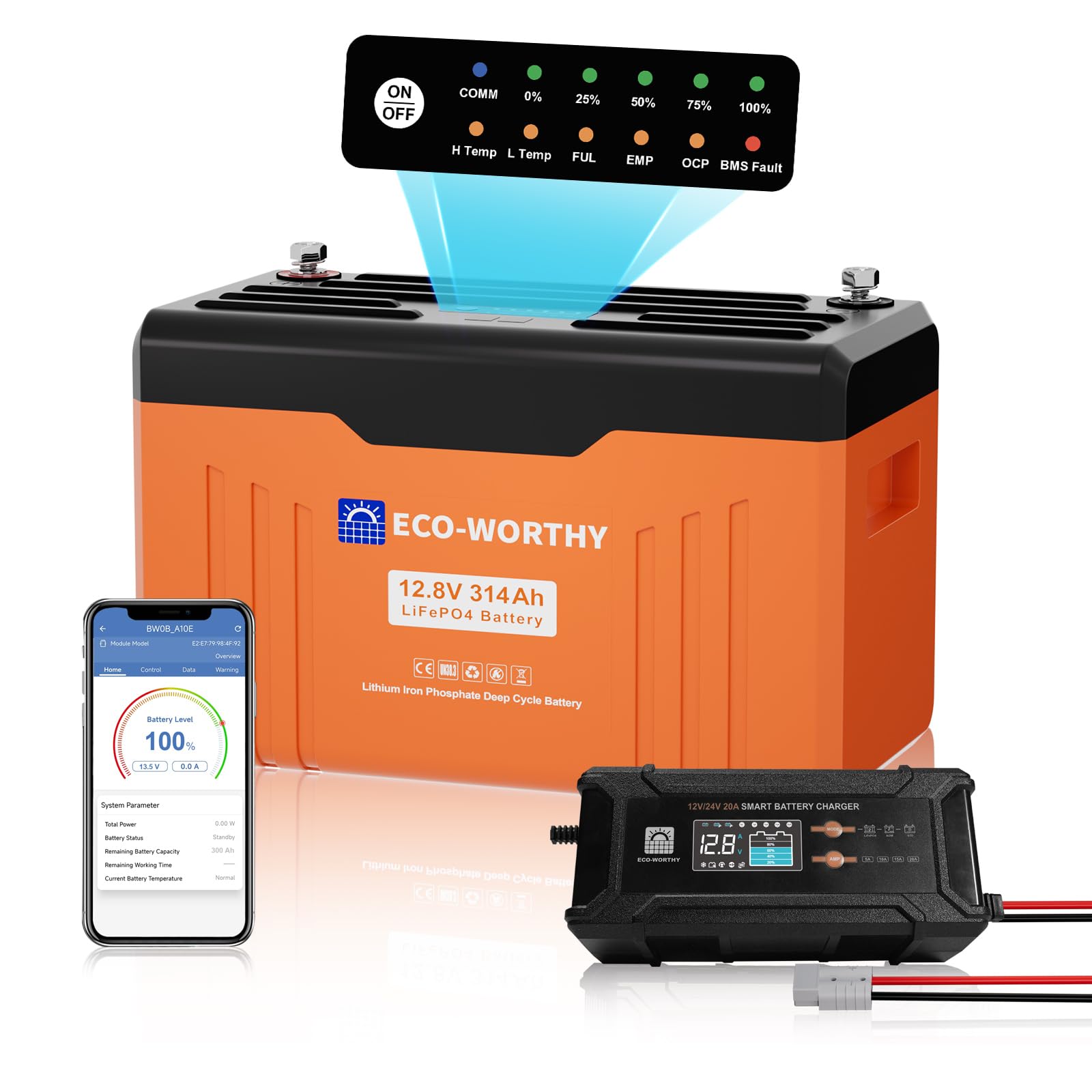 ECO-WORTHY LiFePO4 Bluetooth 12V 314Ah EnergyTrek con caricabatterie 12/24V 20A Batteria al litio con 200A BMS protezione bassa temperatura e max 15000 cicli, 4019Wh LiFePO4 12V per camper, pannello