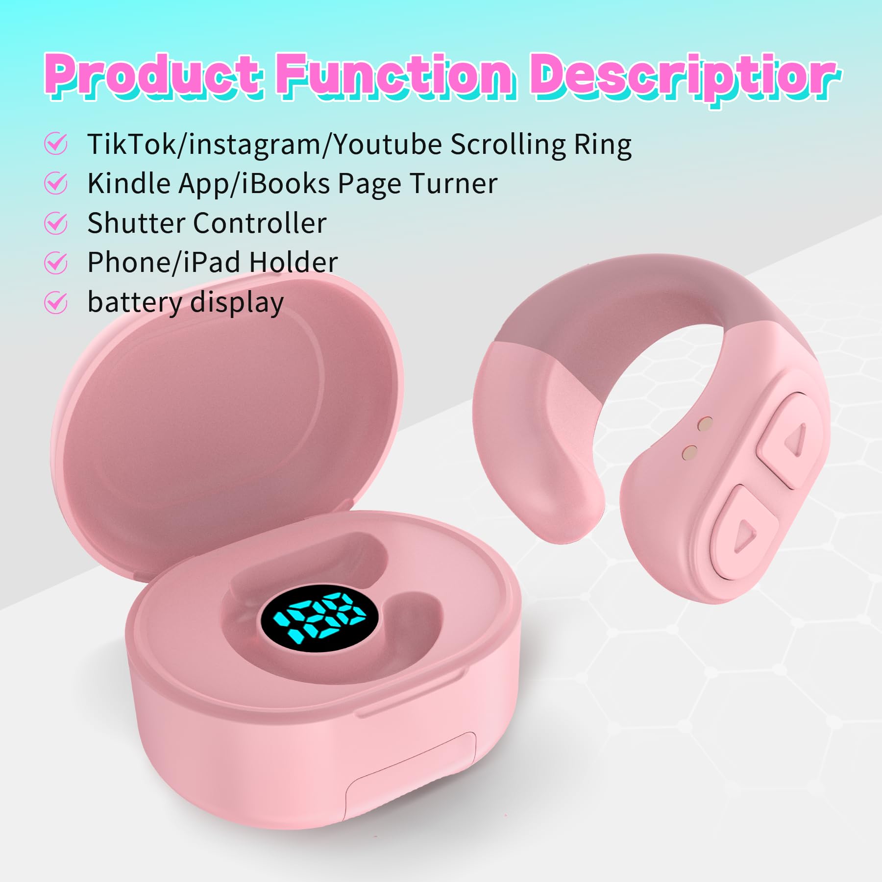 TikTok Scroll-Ring-Fernbedienung, App-Fernbedienung, Seitenumkehrer für iPhone, iPad, Android, Handy-Kamera, Bluetooth-Fernbedienung, Scroll-Ring mit Ständer, Rosa