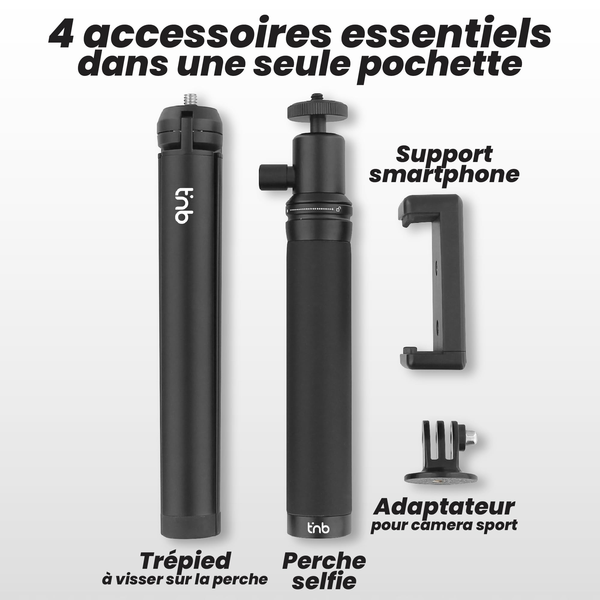 T'nB - Trépied Téléphone, Pack Voyage 4 en 1 avec Perche Selfie, Noir
