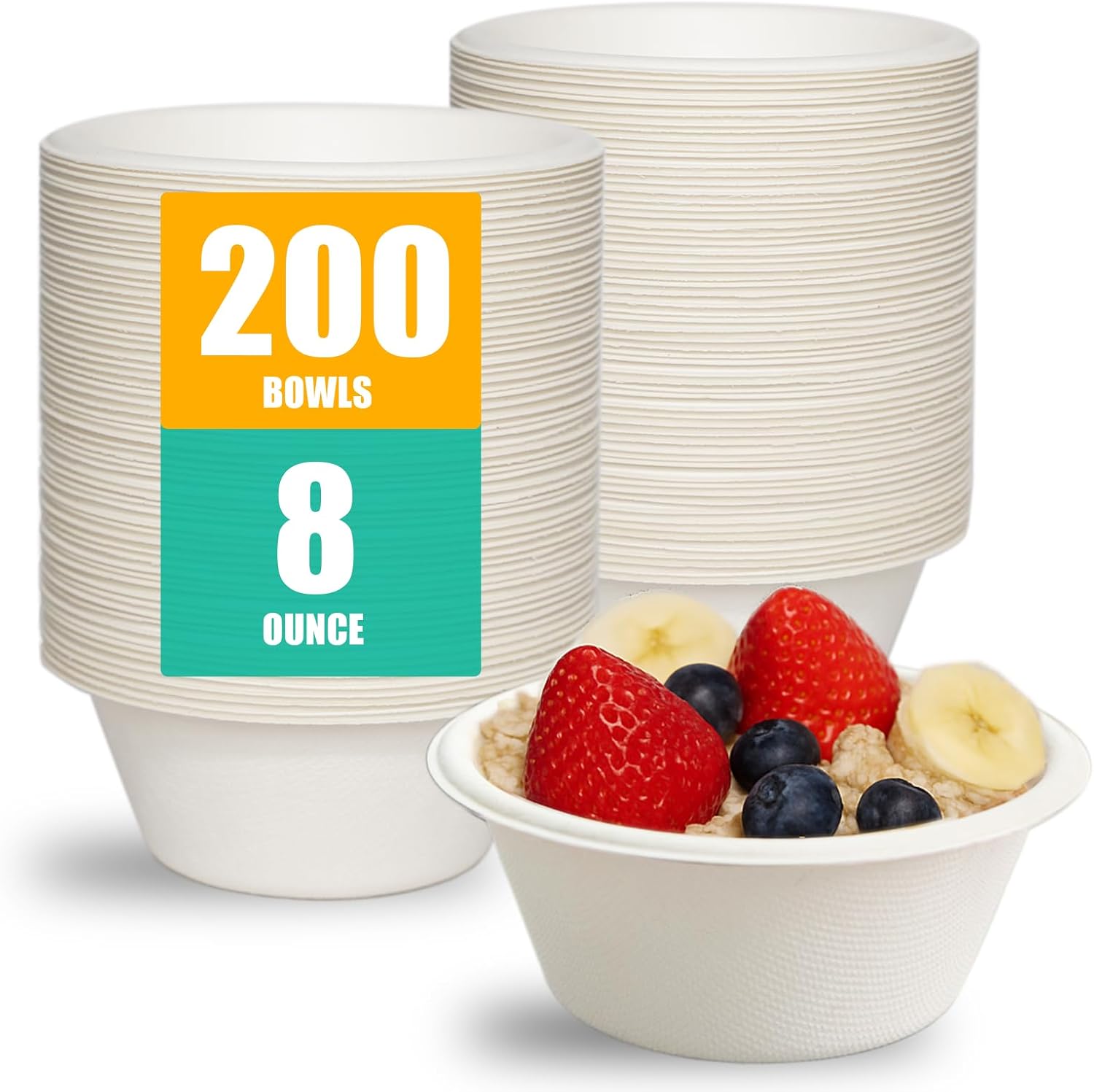 JINVOGREEN 200 Count 8 oz Paper Bowls, Small Disposable Compostable Bowls, Heavy Duty Biodegradable Sugarcane Bagasse Bowl for Snacks, Fruits, Desserts, White