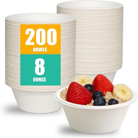 JINVOGREEN 200 Count 8 oz Paper Bowls, Small Disposable Compostable