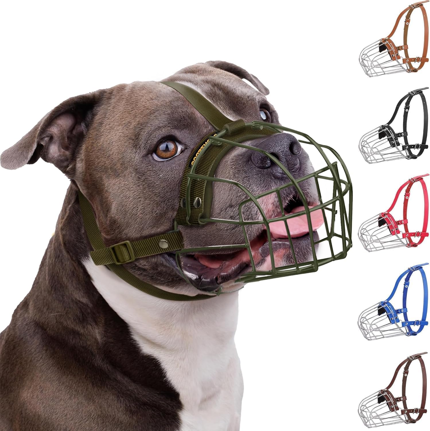 BRONZEDOG Bozal para Perro Pitbull de Metal Transpirable para Perros Grandes como Amstaff y Staffordshire Terrier, con Correa de Nailon, antimordeduras, masticación y ladridos