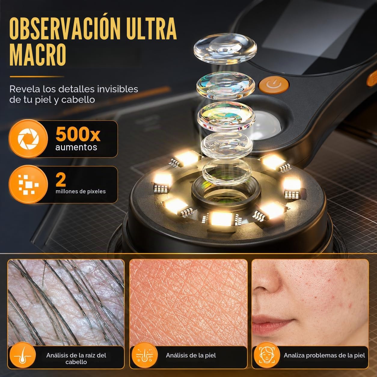 Analizador de piel dermatoscopio de mano, microscopio digital 500X para inspección de piel, cuero cabelludo y cabello, lupa portátil
