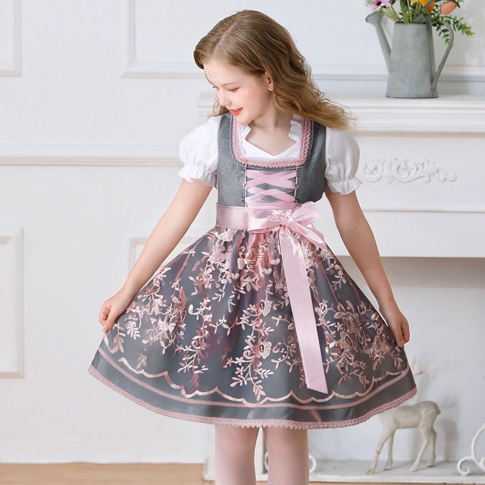 Dirndl Mädchen Kinder Midi Trachtenkleid 3-TLG Kinderdirndl Dirndlbluse Schürze für Oktoberfest Kirchweih Hochzeit Sonntagausflug Kostüm Kinder Bayerisches Bierfest Trachten Dirndlkleid