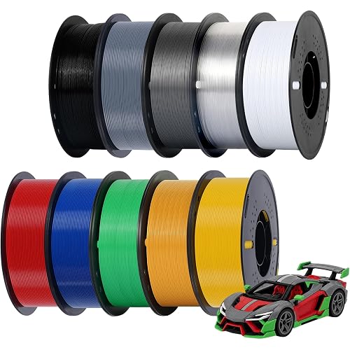 Kingroon PETG 3D Printer Filament, 10 Rolls, Dimensional Accuracy +/- 0.03 mm, 1kg Spool(2.2lbs), 1.75 mm，10KG Ten Colors Black White Grey Red Blue Green Yellow Orange Transparent Silver