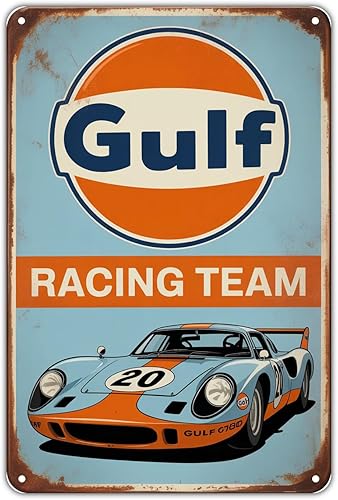 Letrero de metal con diseño de Gulf Racing Car para jardín, patio, bar, porche, hogar, dormitorio, cocina, decoración de pared, regalo, 8 x 12