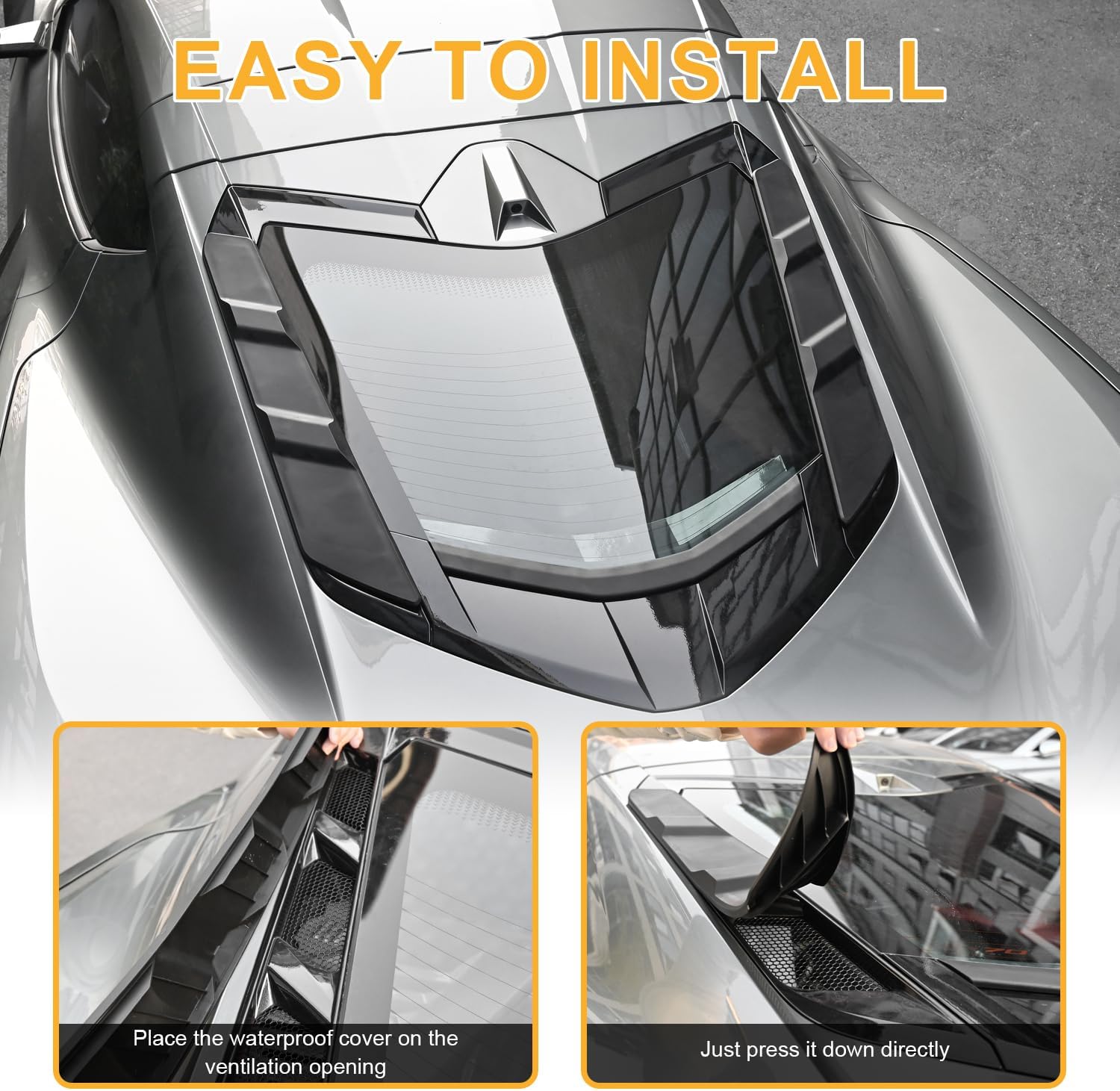 Rear Dry Bay Vent Blocks Cover & Rear Window Spoiler,Hatch Hood Wash Cover Compatible with for Chevy Corvette C8 Z51 Z06 E-Ray Stingray Coupe 2020-2025 Engine Bay Air Vent Inserts Protection