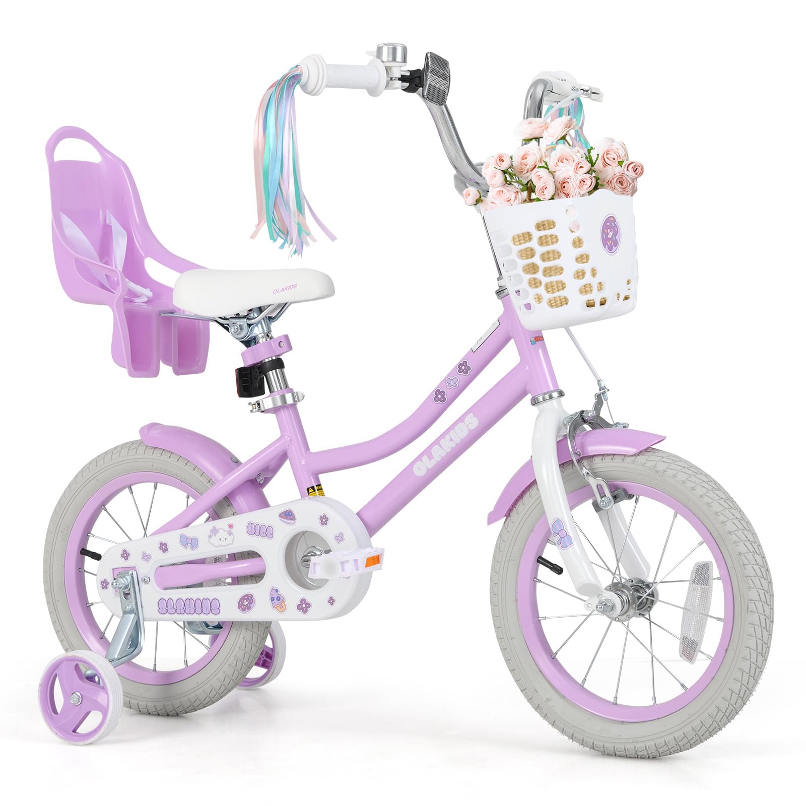 Olakids Kids Bike, 12 14 16 18 20 Inch Girls Bicycle with Doll Seat Basket Adjustable Seat and Handlebar, Handbrake and Coaster Brake