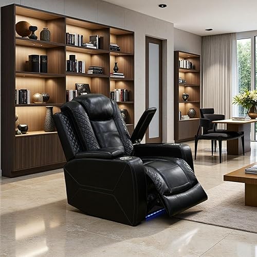 Miniatura 10 de Juego de sofá reclinable eléctrico y sofá biplaza, sofá reclinable de cuero negro con mesa desplegable, muebles de sala de estar, sofá reclinable