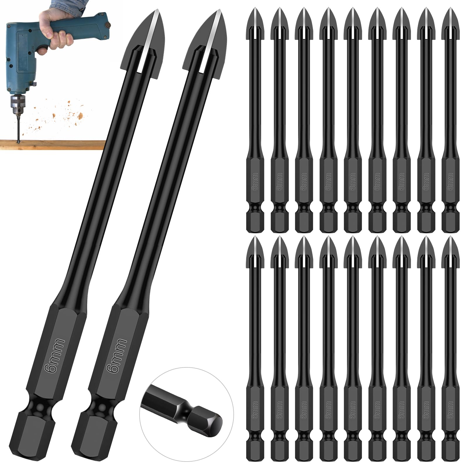 20 PCS 1/4" Tile Drill Bits 6mm Masonry Drill Bits Concrete Drill Bit Set Alloy 1/4" Hex Shank for Tile Glass Mirror Ceramic Wood Brick (2 Set,1/4''