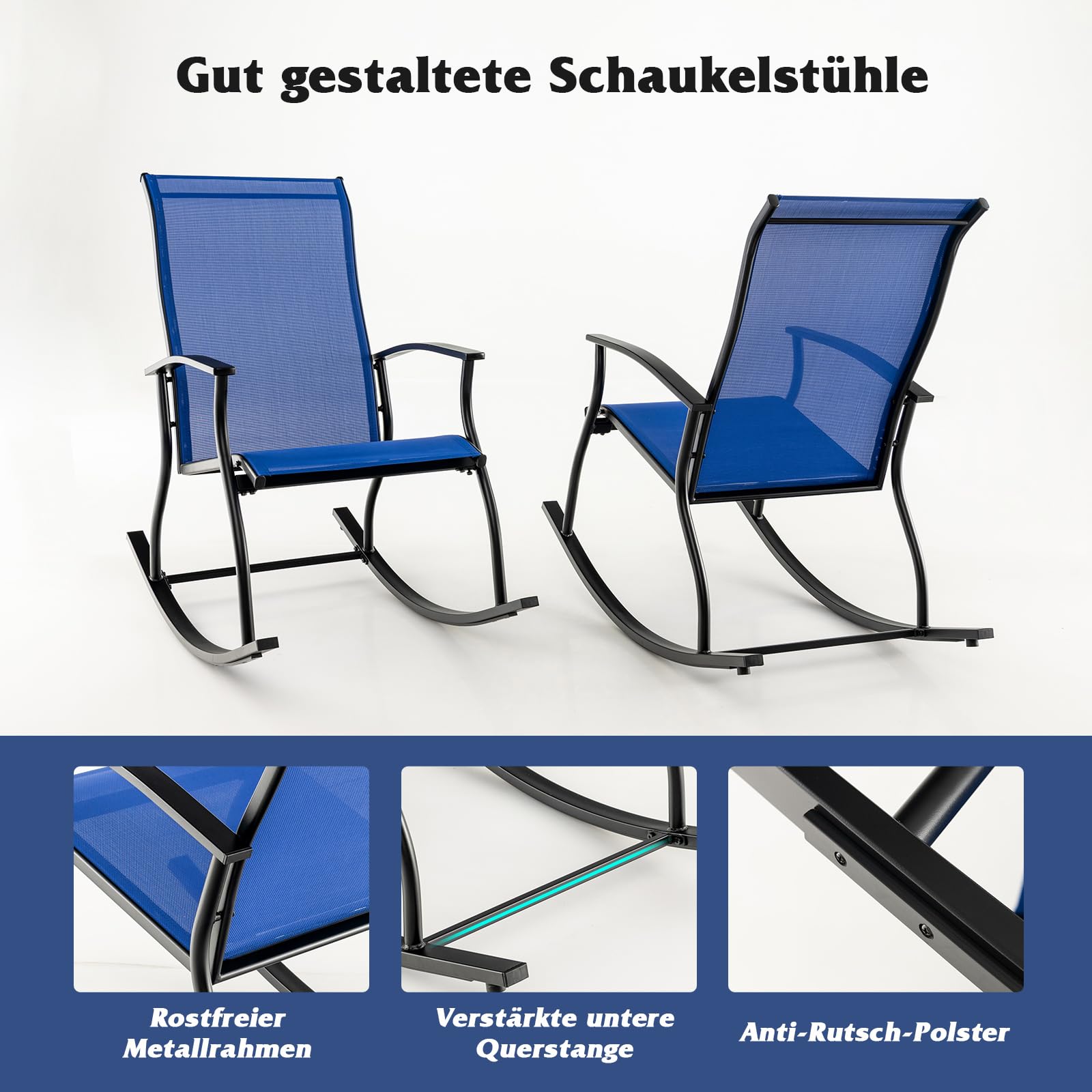 COSTWAY 2er Set Schaukelstühle, Schaukelsessel mit hoher Rückenlehne und atmungsaktivem Sitzstoff, Gartenstühle für Garten, Veranda, Pool, Blau