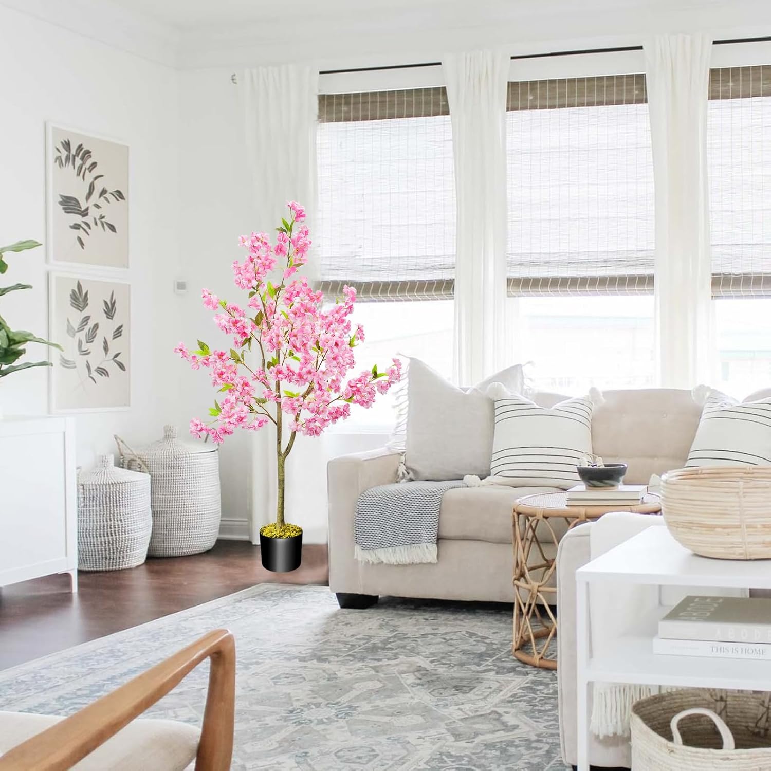 HUAESIN 4.1ft Artificial Cherry Blossom Tree Faux Tree Tall Artificial Plants Indoor Sakura Pink Flower Tree for Spring Home Room Porch Office Wedding Party Outdoor Decorations