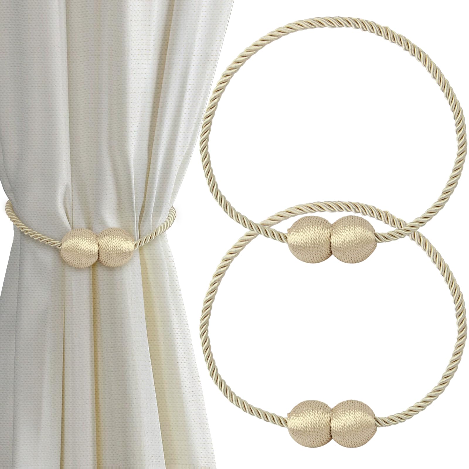 Lunhoo 2 Pack Magnetic Curtain Tiebacks, Curtain Holdbacks, Curtain Ties for Home Bedroom Office Decorative (Beige)