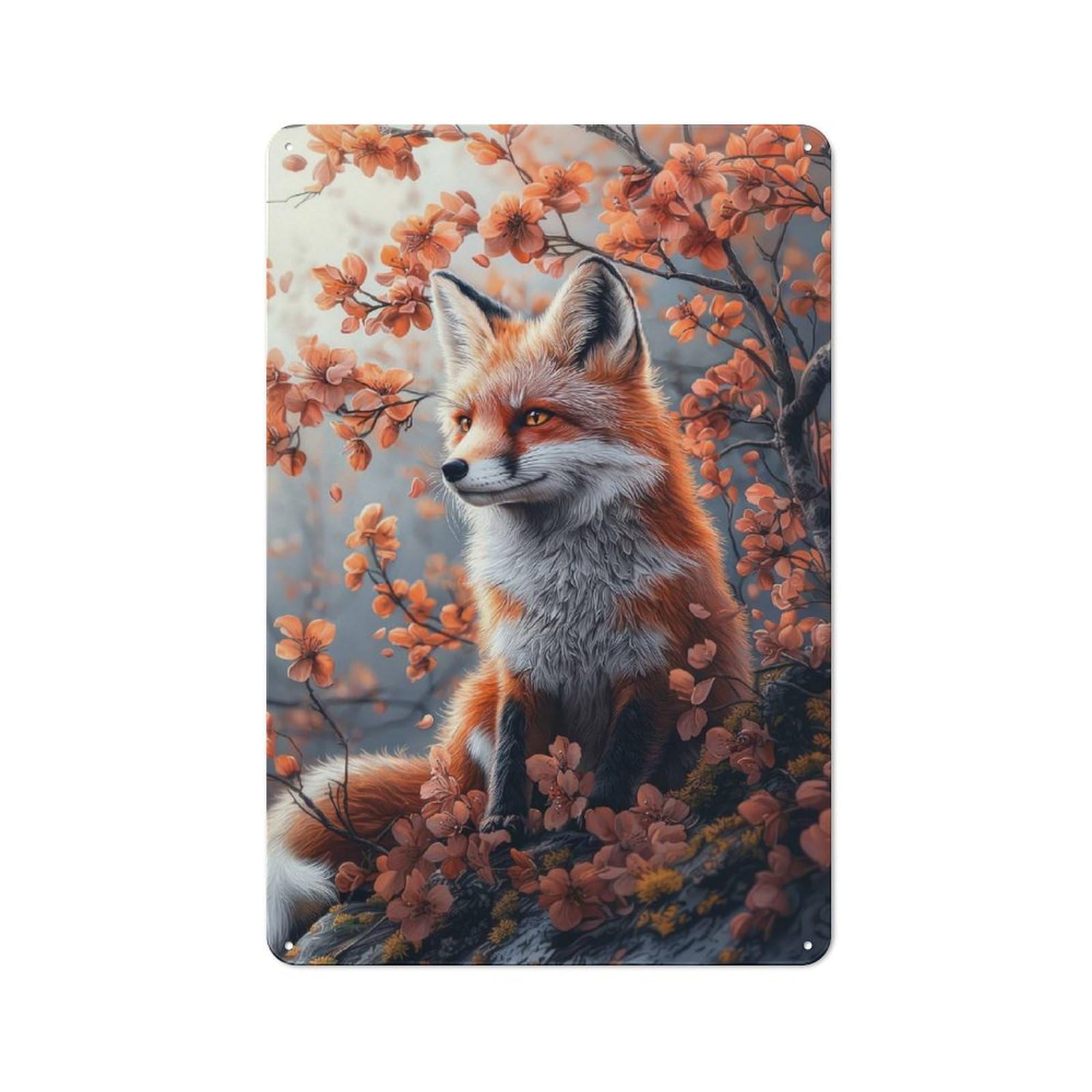 Junmoney Fox In Blossom Tin Wall Plaque 30X20cm With For Guest Room Or Hallway, For Metal Sign Collectors, For Garage And Workshop Walls