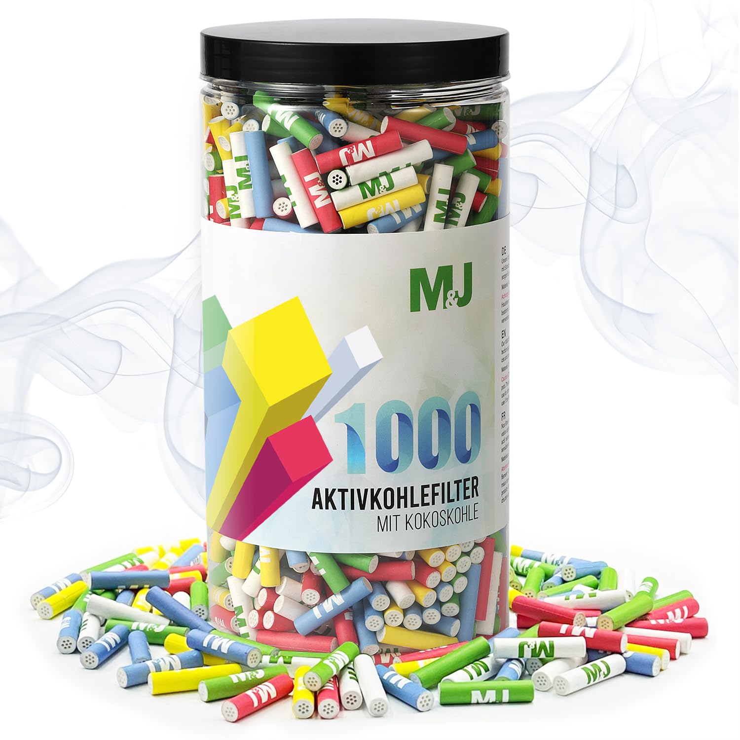 Mari & Juan 1000 Aktivkohlefilter 6mm Slim Size I Aktivkohlefilter dünne Filter mit Aktivkohle aus Kokosschale, 1000 Stück, bunt I Vorratspack I Schadstoffärmeres Raucherlebnis