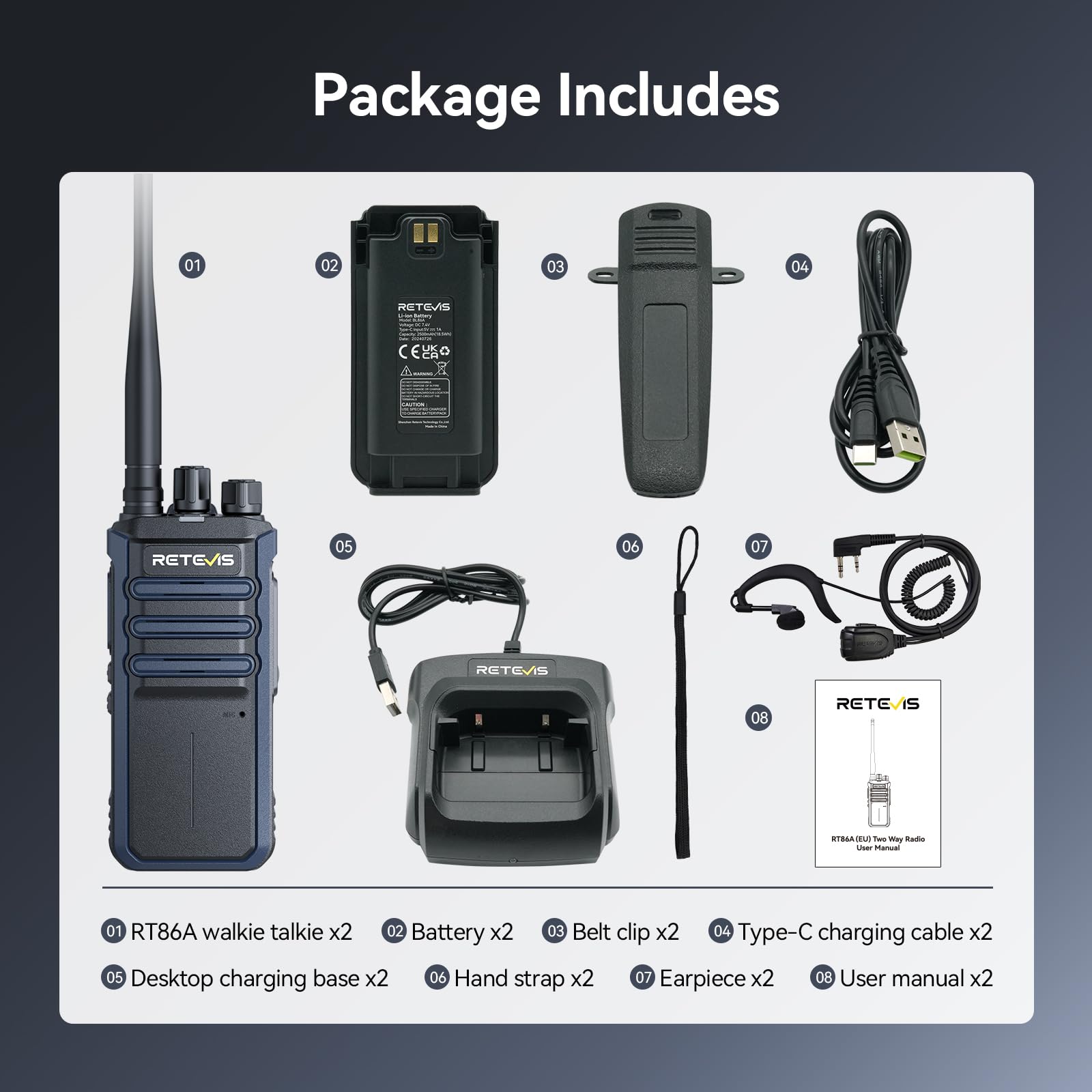 Retevis RT86A Walkie Talkie o Dużym zasięgu, Profesjonalne Radio Dwukierunkowe dla Dorosłych, 2500mAh, Wysokiej Mocy Przenośne Radio do Rozmów Grupowych, Budownictwo, Logistyka i Transport (2 szt.)