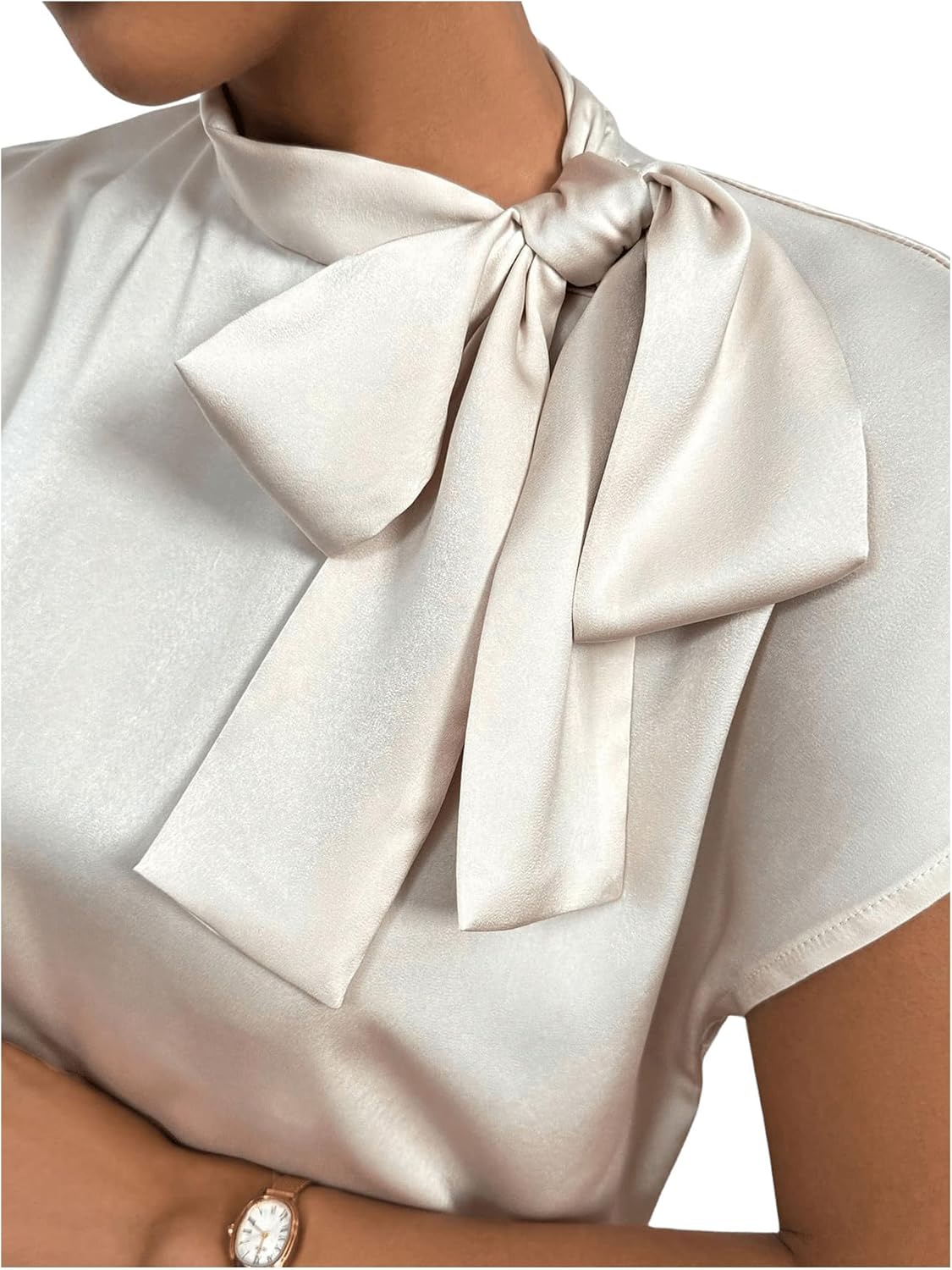 Milumia Women's Bow Tie Mock Neck Cap Sleeve Satin Blouse Office Shirts - Image 4