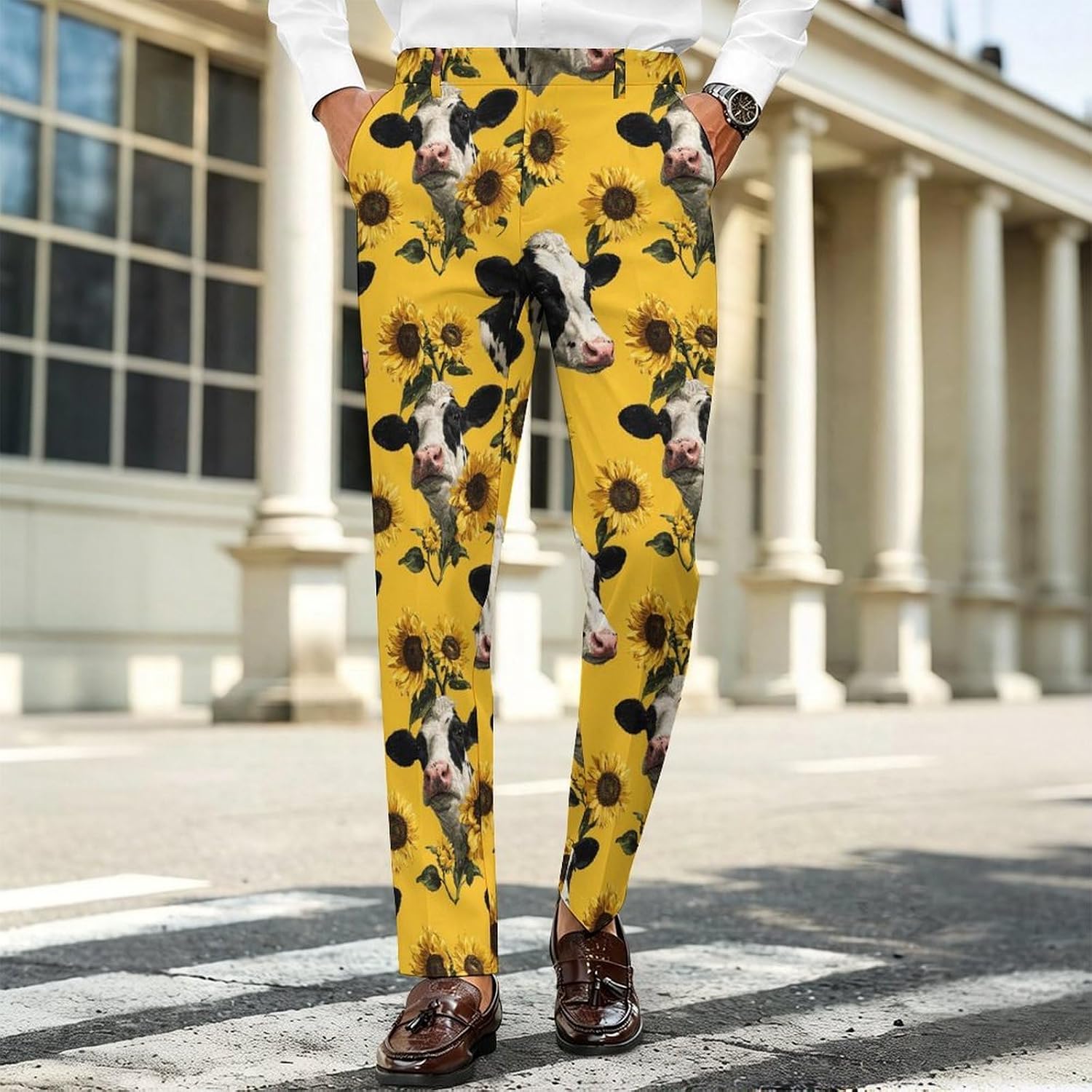 Cow Head Sunflowers Flower Men's Classic Fit Suit Pants Straight Leg Design Printed Trousers
