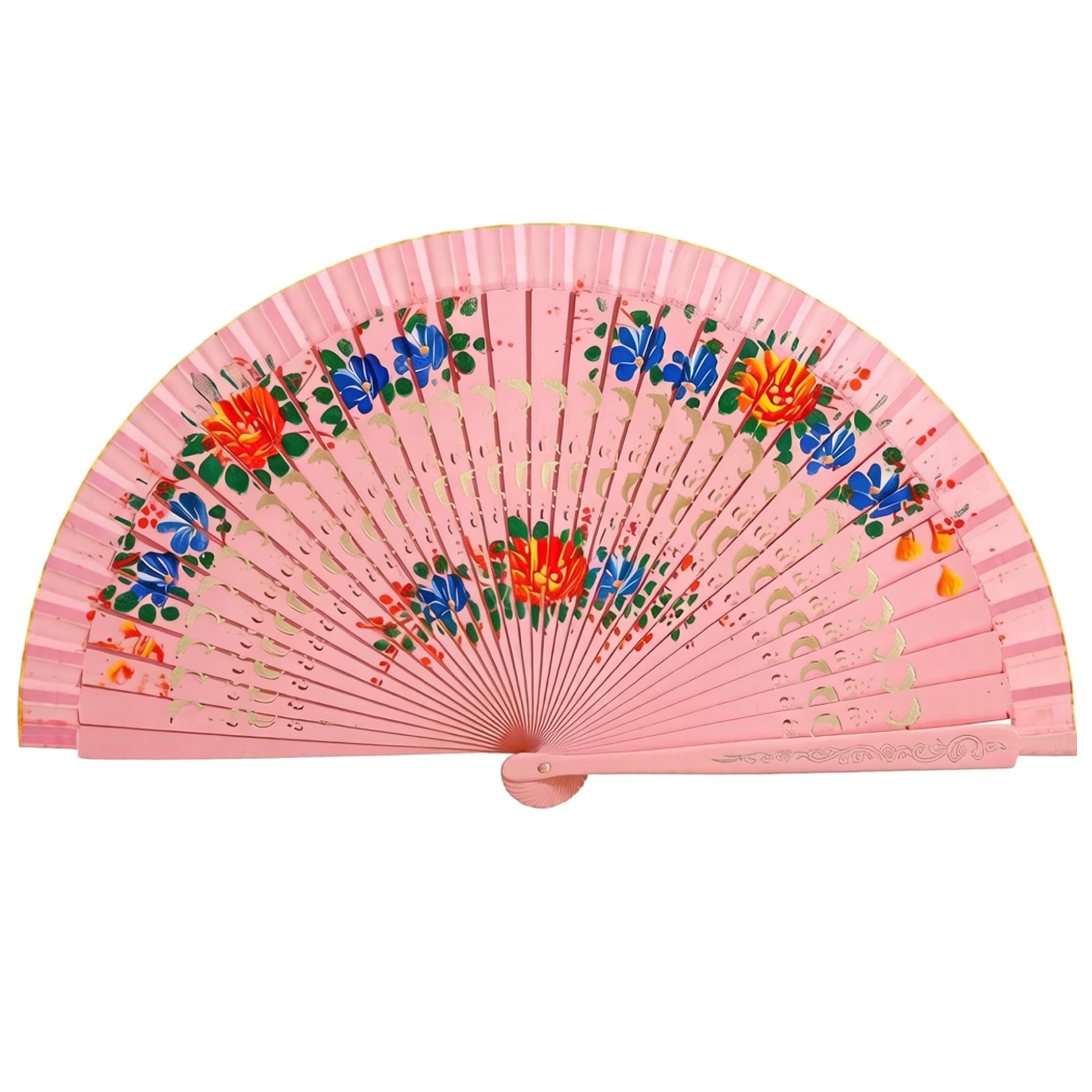 Tsawntd Elegant Spanish Fan, Double Sided Hand Painted Florals Wooden Hand Fan For Performances And Decoration