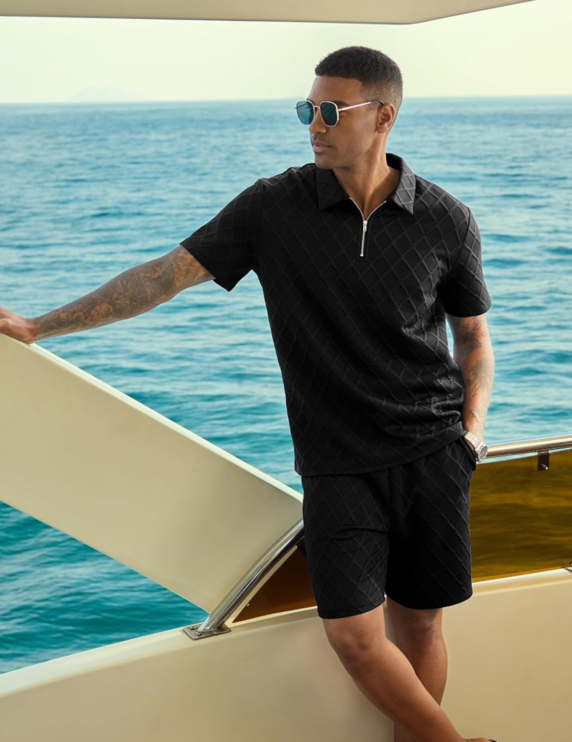 JMIERR Mens 2 Piece Jacquard Knit Outfits 1/4 Zip Golf Polo Shirt Shorts Set Casual Tracksuits for Beach Daily - Image 2