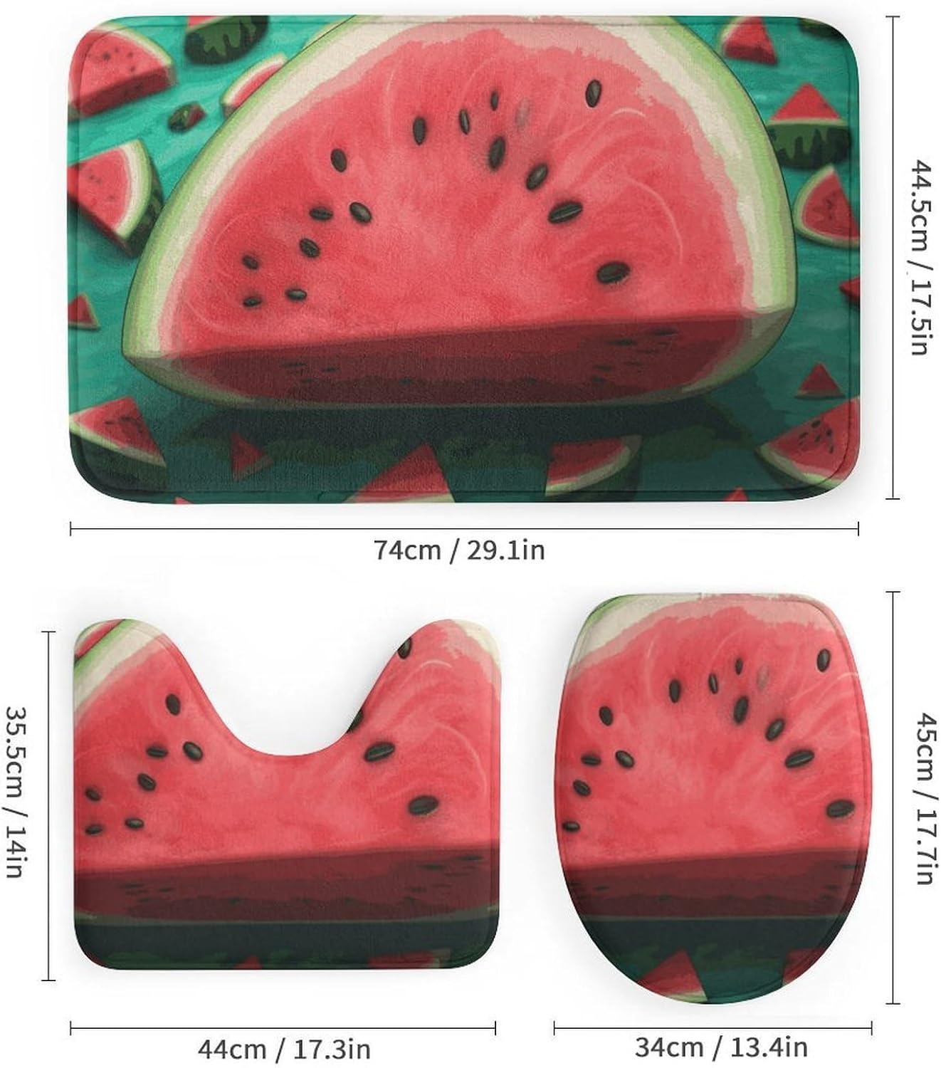 4 Piece Bathroom Rug Set with Shower Curtain, Non-Slip Bath Mat Toilet Cover Set, Dream Watermelon Bathroom Rug Sets