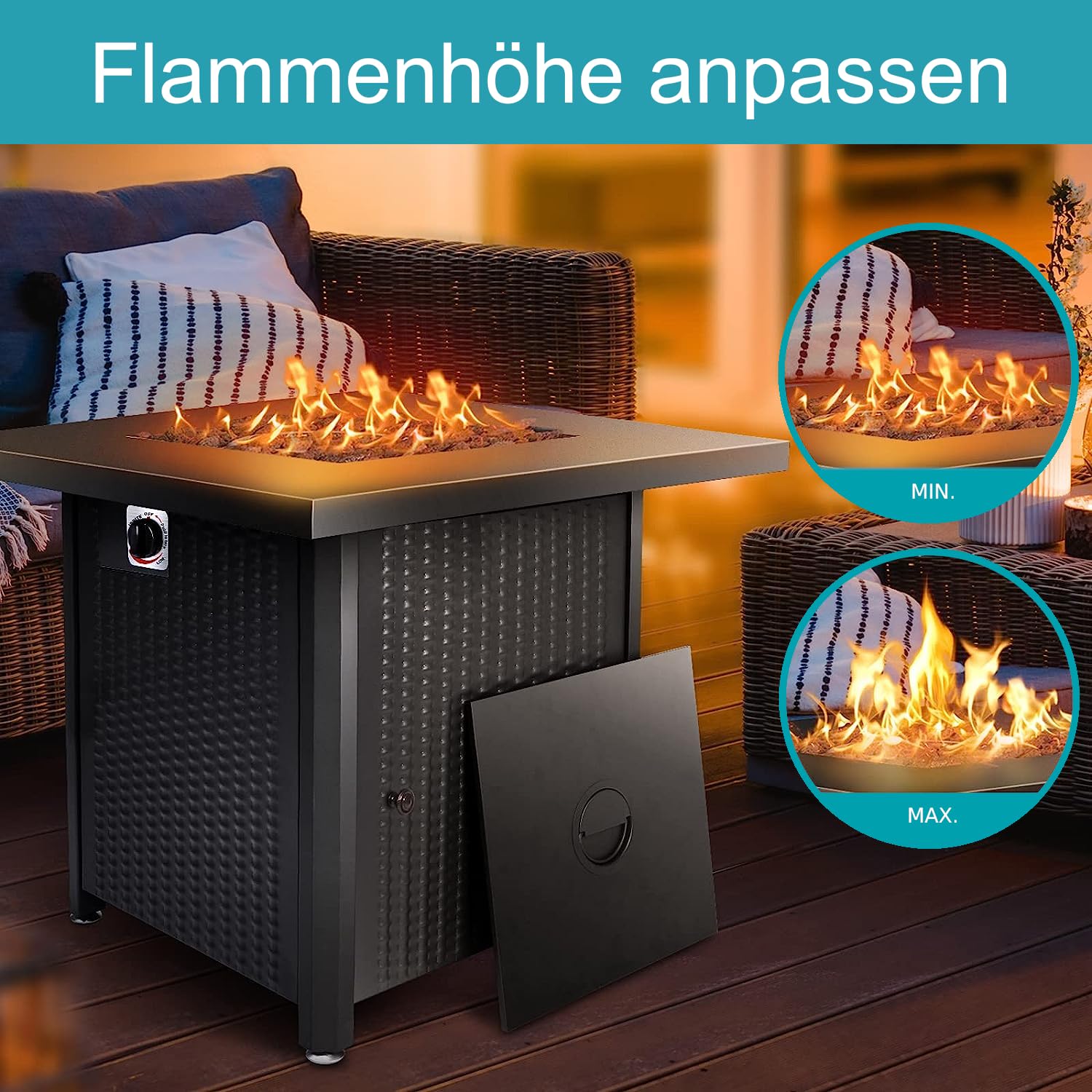 APANA Gas Feuerstelle Outdoor Feuertisch mit Gasfeuerstelle für Terrasse Balkon Garten 50000 BTU mit Lavasteinen und Abdeckhaube