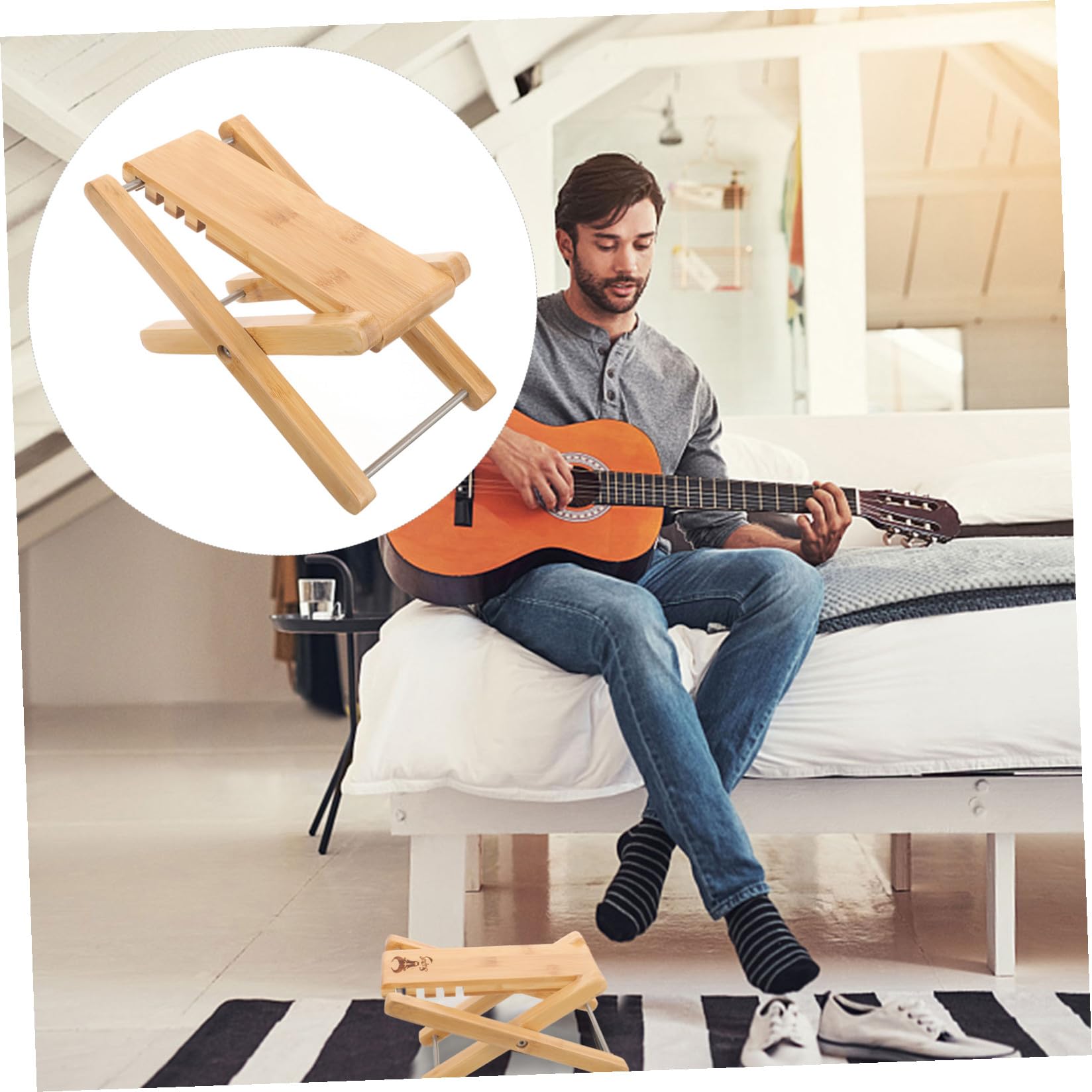 PRETYZOOM Verstellbarer Gitarren Fußhocker Höhenverstellbare Fußstütze mit Stabiler Anwendung für Akustik und Klassische Gitarre Tragbarer Gitarrenfußstuhl in Beige