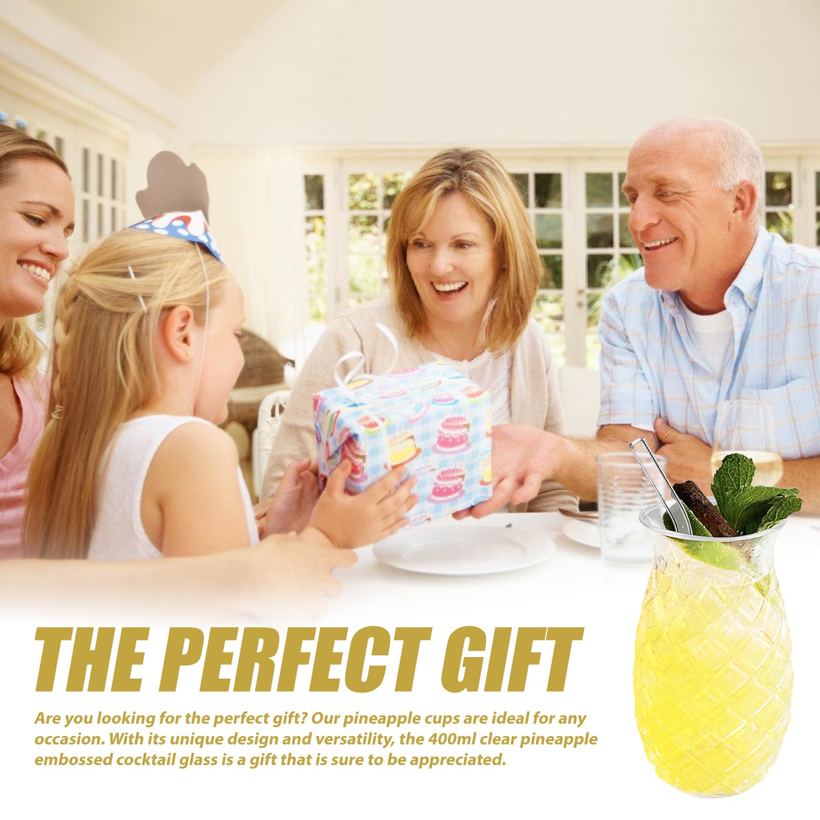 Set di 4 bicchieri di ananas: 400 ml, trasparenti da cocktail con rilievo di ananas, riutilizzabili, per feste, succhi di frutta, long drink, a forma di ananas, perfetti per casa, ristoranti e