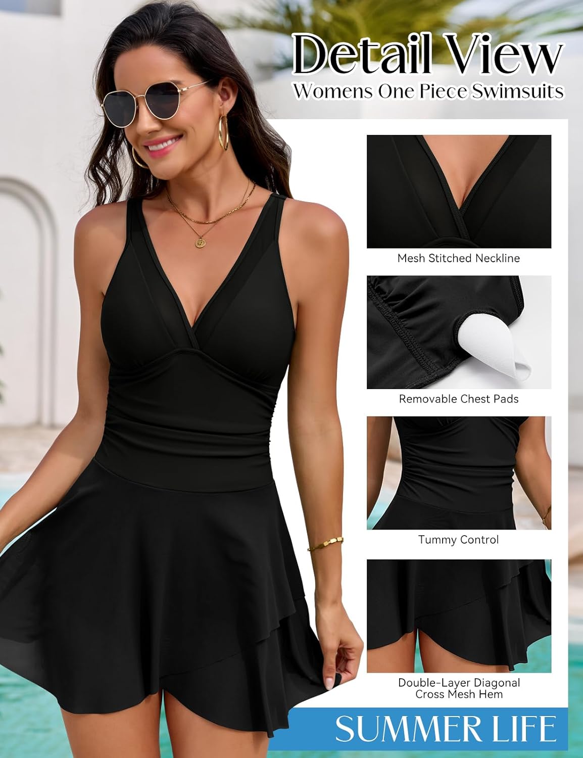 UMIPUBO One Piece Swimsuit for Women V-Neck Tummy Control Mesh Swim Dress with Double Layer Skirt – Slimming Bathing Suit