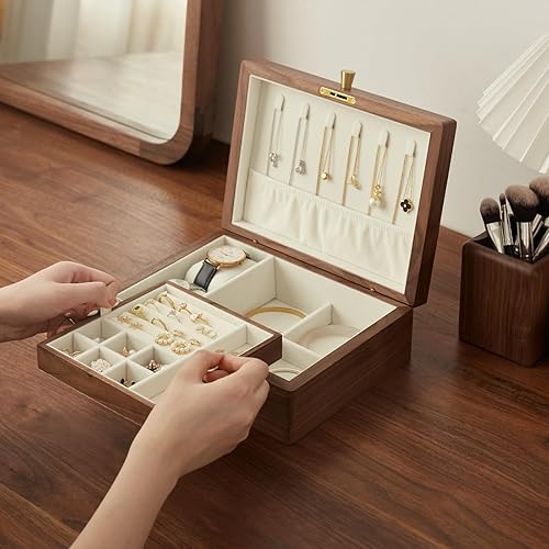 Joyero de madera de nogal negro sólido con forro de terciopelo, caja personalizada para anillos y collares para mujeres y niñas, cerradura y asa de