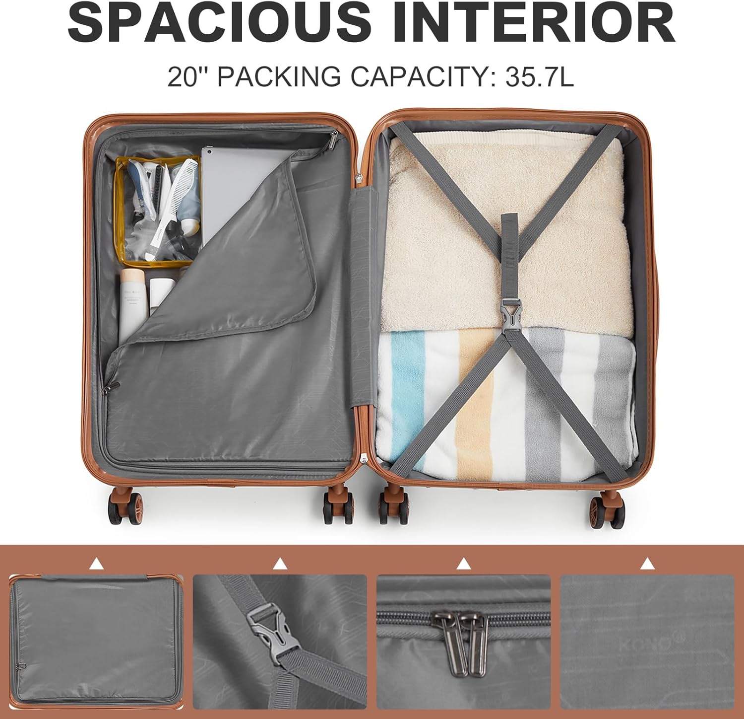 Kono 20'' Carry on Luggage with Spinner Wheel TSA Lock, Lightweight PC+ABS Hardside Luggage Small Carry on Suitcase White - Image 6