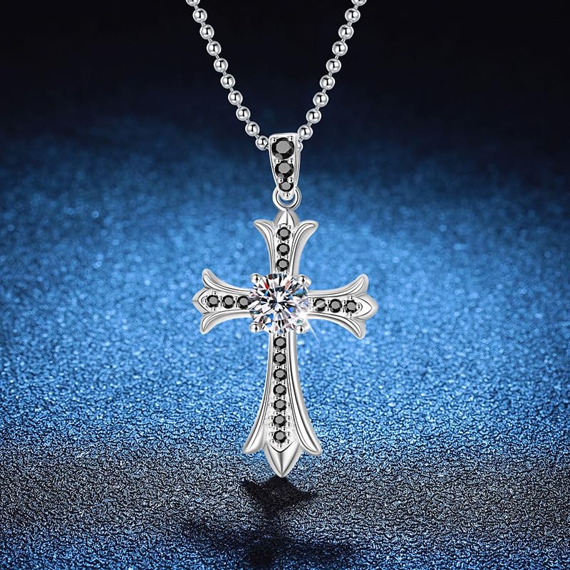 Clearance 1CT Moissanite Cross Pendant Silver Necklace, 18K White Gold Plated 925 Sterling Silver Bead Chain Necklace, D Color VVS1 Iced Out Jewelry For Women Gift, Mother's Day, With Gif Box.4