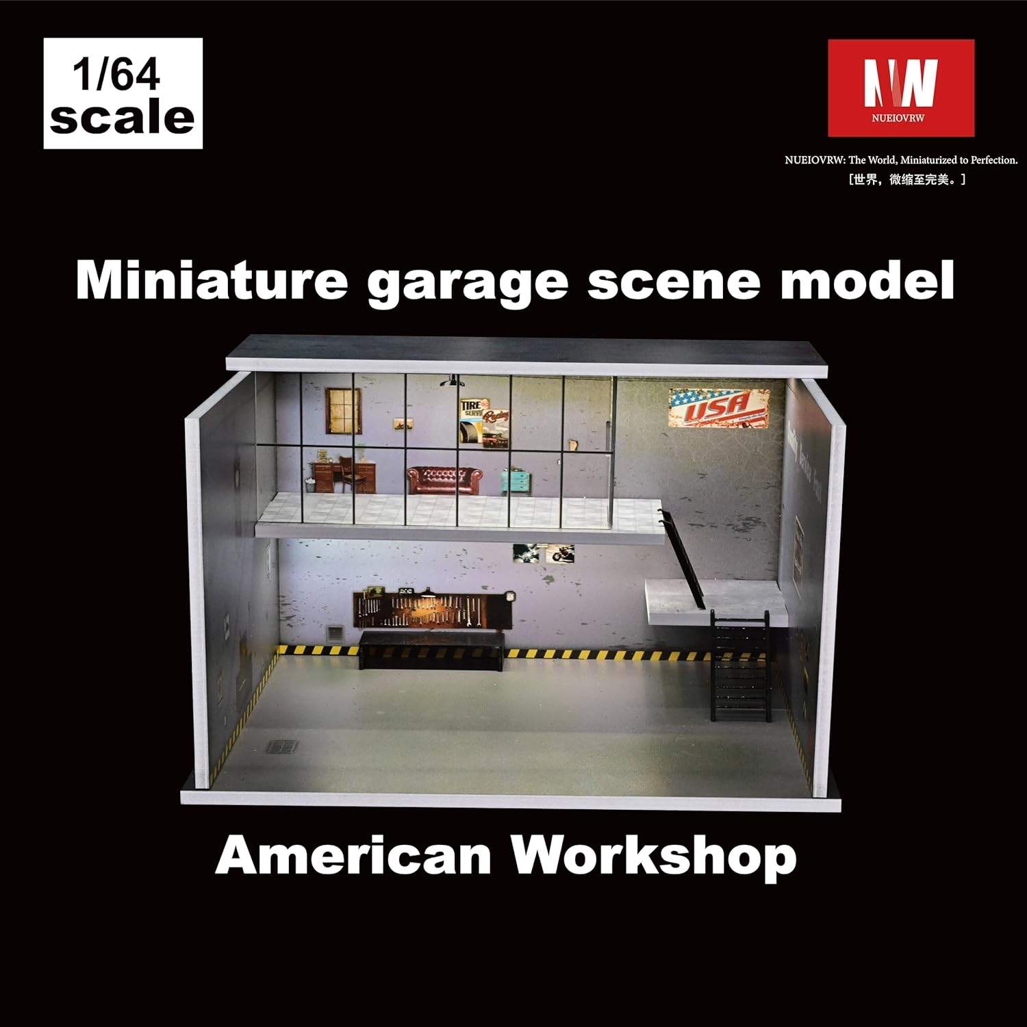 Diorama 1/64 Car Display Case Garage Repair Shop Model Fits for Hot Wheels Matchbox Mini GT Diecast Cars,Dimmable LED Lighting Car Maintenance Workshop Scene Display Case Model (American Workshop)