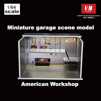 1:64 Diorama 2 Tier Garage Model, Tri-color LED Lighting Parking Lot Scene Display Case, Brightness Adjustable Showroom Kit for Diecast Model Cars Display, Workshop Scene (American Workshop)